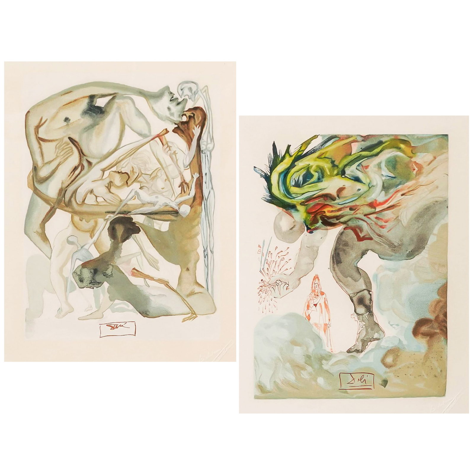 Salvador Dali (Spanish, 1904-1989) "Divine Comedy" Series Lithographs: Salvador Dali (Spanish, 1904-1989) "Divine Comedy" Series Lithographs Late 20th Century Pair of framed Salvador Dalí color lithographs from the artist's celebrated Divine Comedy series, depicting sur