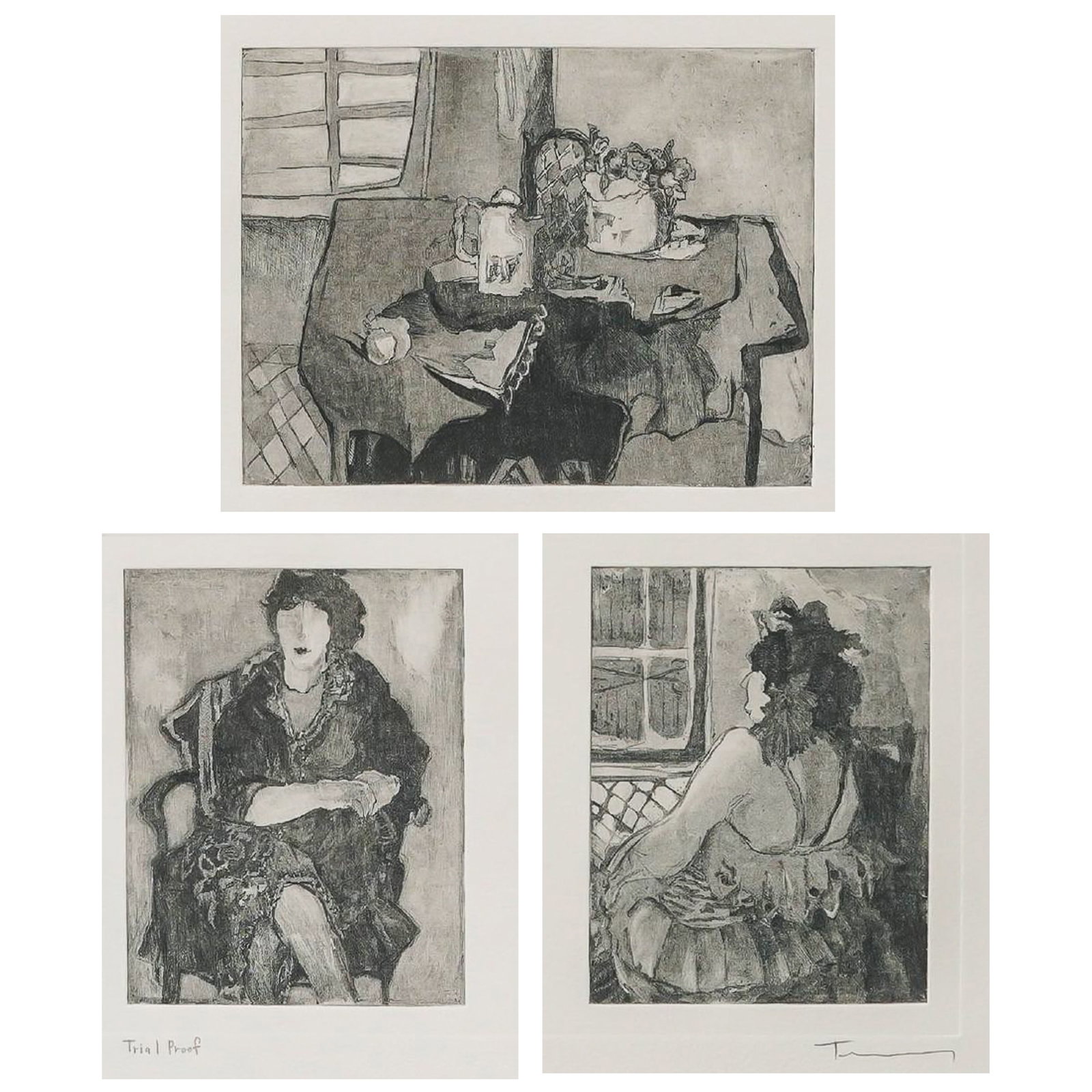 Itzchak Tarkay (Israeli, 1935-2012) Trial Proof Triptych Lithograph: Itzchak Tarkay (Israeli, 1935-2012) Trial Proof Triptych Lithograph Mid-Late 20th Century, Israel Triptych lithograph by Itzchak Tarkay featuring three intimate interior scenes rendered in the artist'