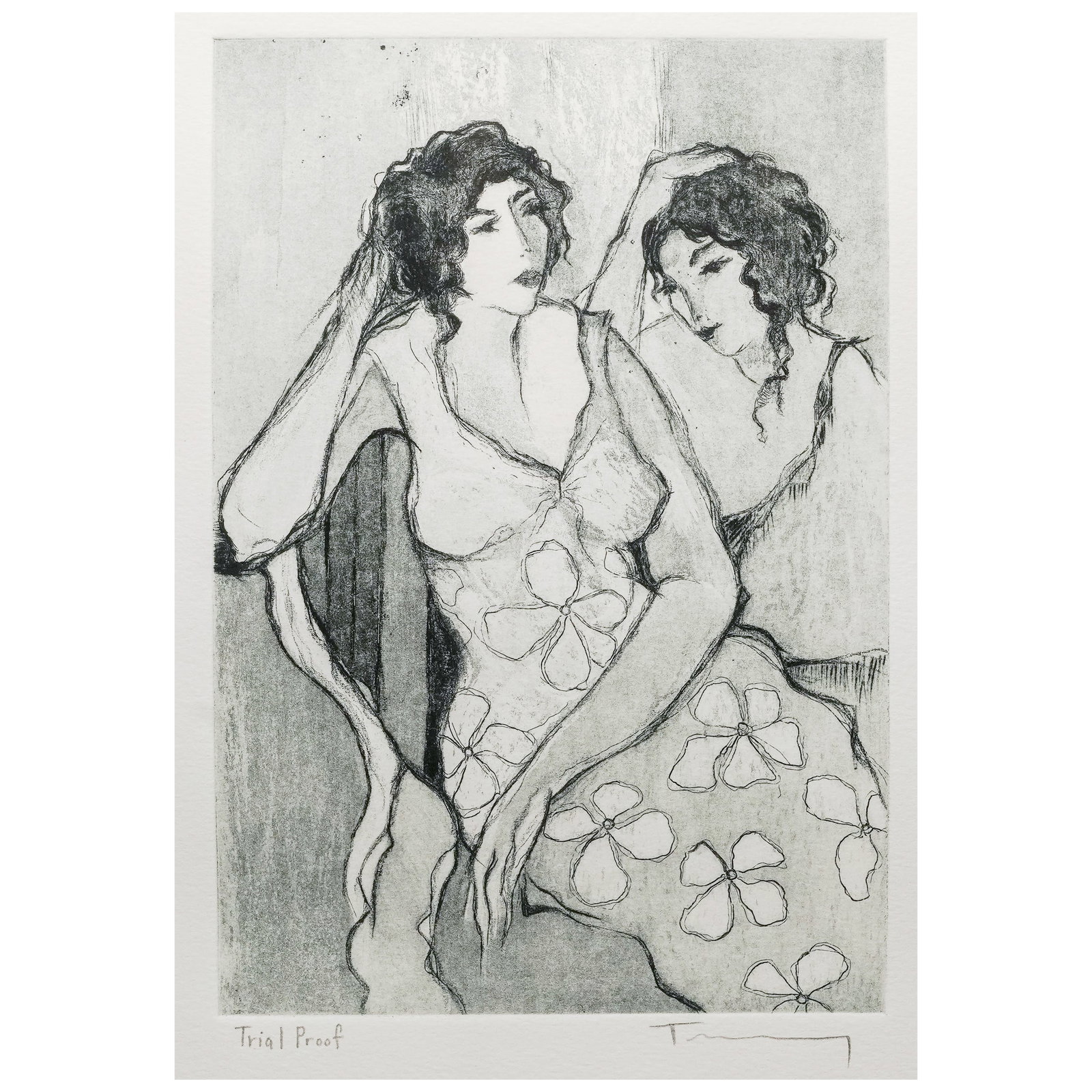 Itzchak Tarkay (Israeli, 1935-2012) "Two Women" Trial Proof Lithograph: Itzchak Tarkay (Israeli, 1935-2012) "Two Women" Trial Proof Lithograph Mid-Late 20th Century, Israel Trial proof lithograph by Itzchak Tarkay depicting two seated female figures. Pencil inscribed