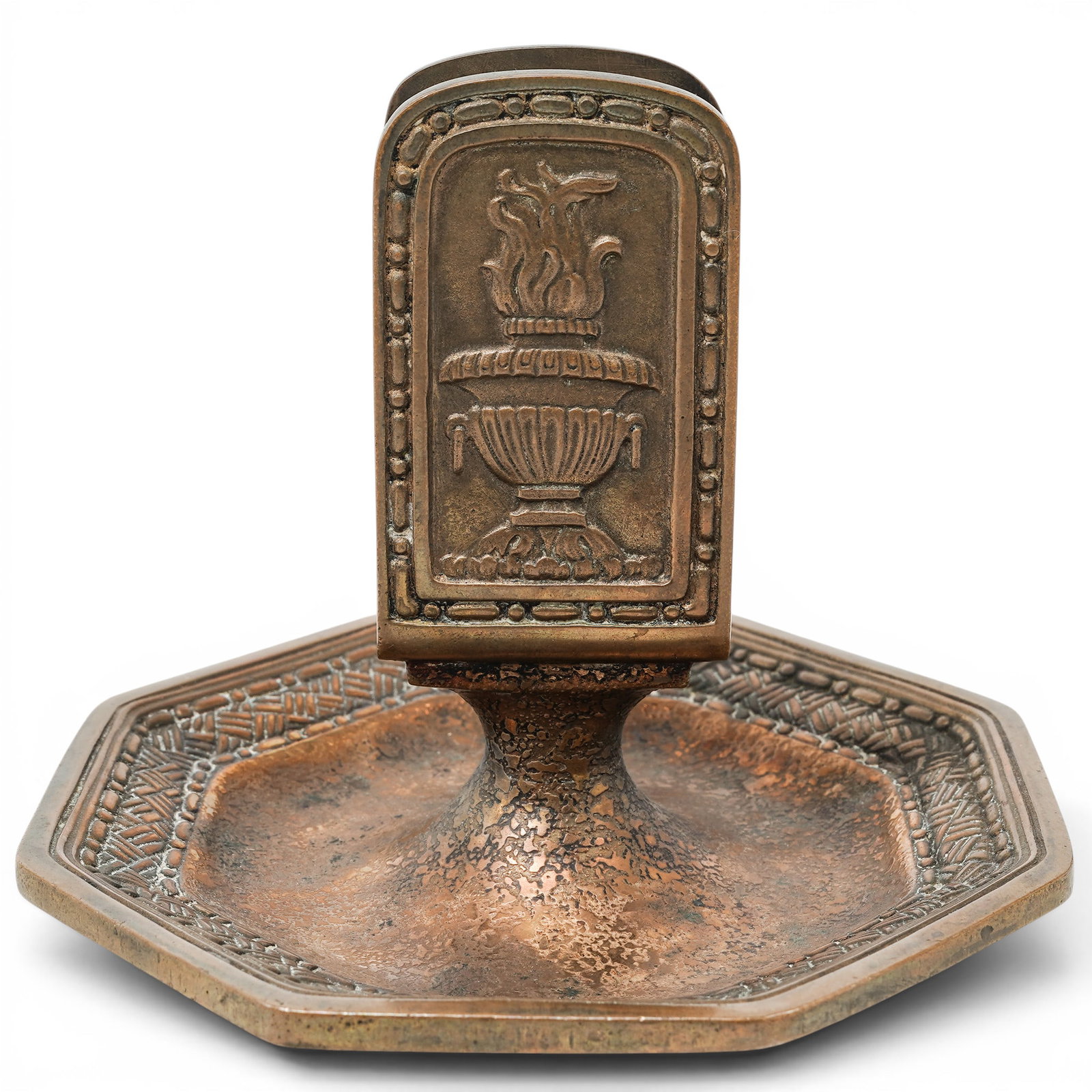 Tiffany Studios "Spanish" Bronze Desk Matchbox Holder & Tray: Tiffany Studios "Spanish" Bronze Desk Matchbox Holder & Tray Early 20th Century, USA Tiffany Studios New York bronze desk matchbox holder in the Spanish pattern, comprising of a removable match safe m