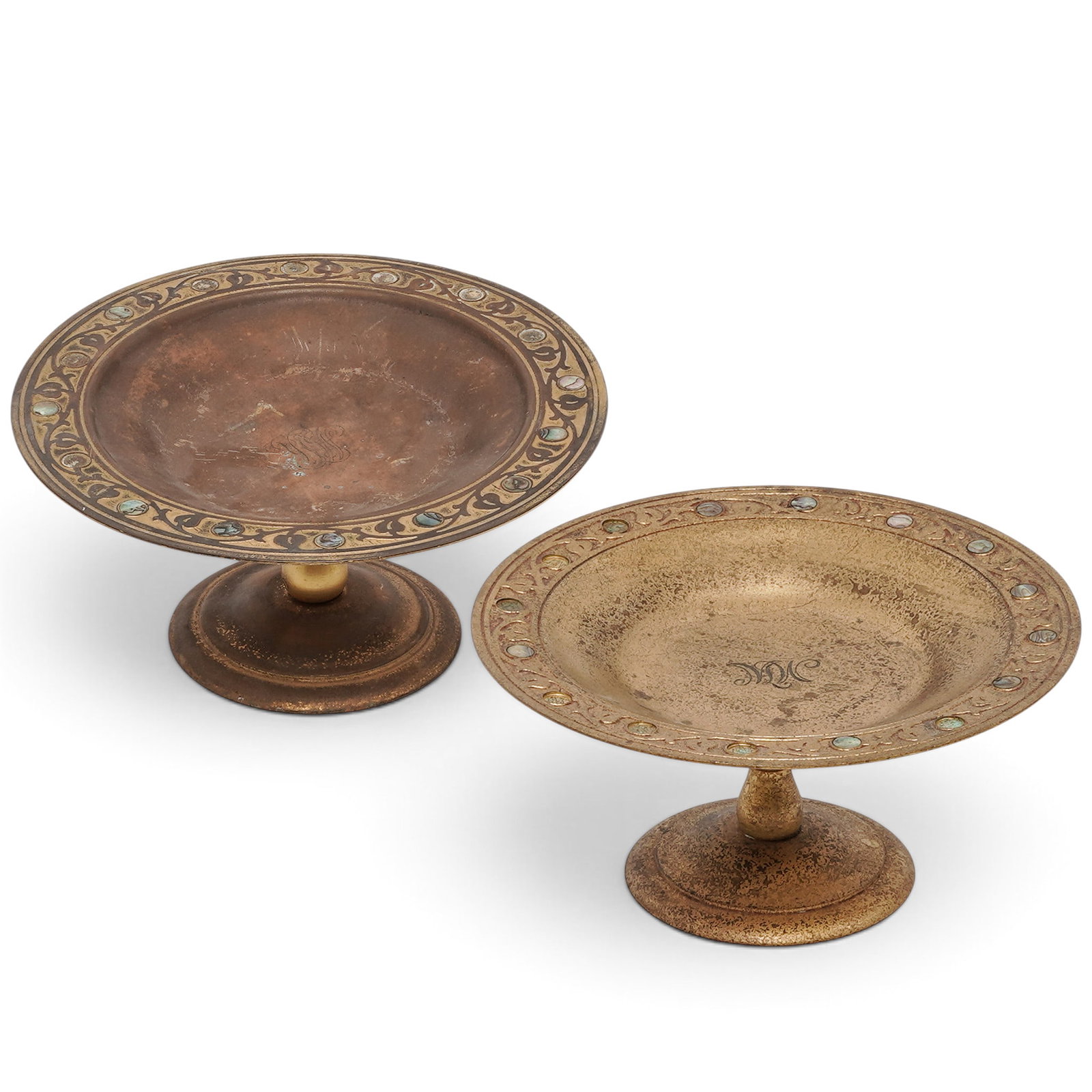 Pair Tiffany Studios "Abalone" Pattern Tazzas: Pair Tiffany Studios "Abalone" Pattern Tazzas c. 1910-1920, USA Antique bronze tazza-style pedestal stands (model # 1703), featuring a shallow central bowl transitioning to a wide, flat rim. Rims are 