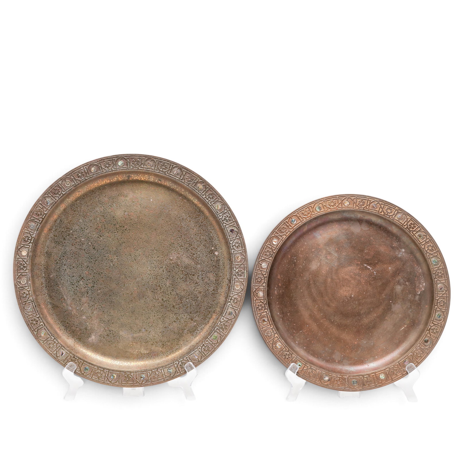 (2pc) Tiffany Studios Gilt Bronze & Abalone Dishes: (2pc) Tiffany Studios Gilt Bronze & Abalone Dishes Early 20th Cent., American These pieces feature a border inlaid with genuine abalone shell. The wide, raised rim is decorated with a detailed Byzanti