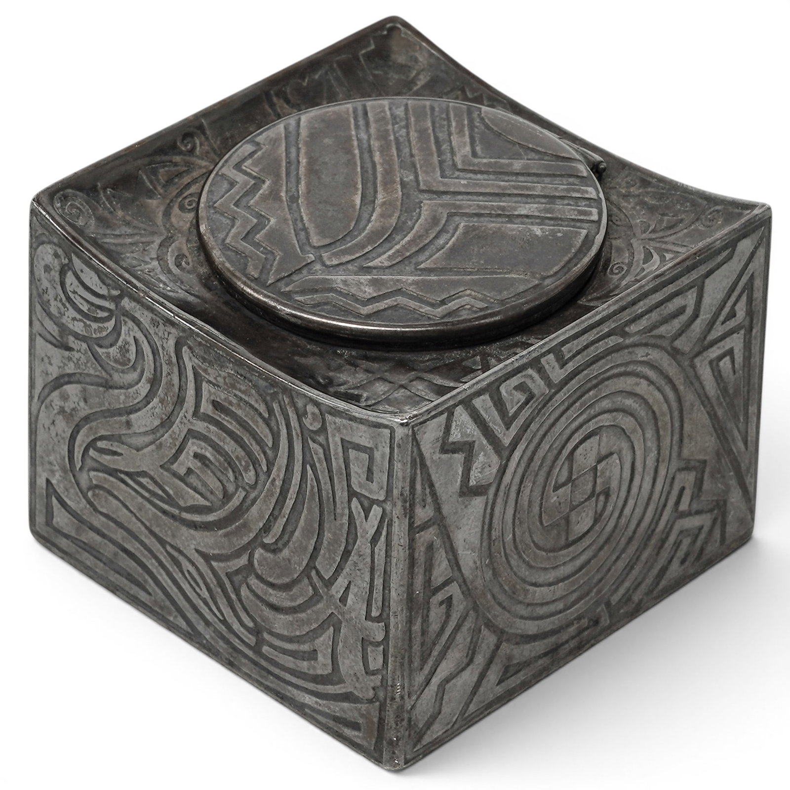 Tiffany & Co. Sterling Silver Inkwell: Tiffany & Co. Sterling Silver Inkwell Late 19th Century, USA Tiffany & Co. sterling silver inkwell of square form, featuring a hinged circular lid and adorned with flowing organic motifs and stylized 
