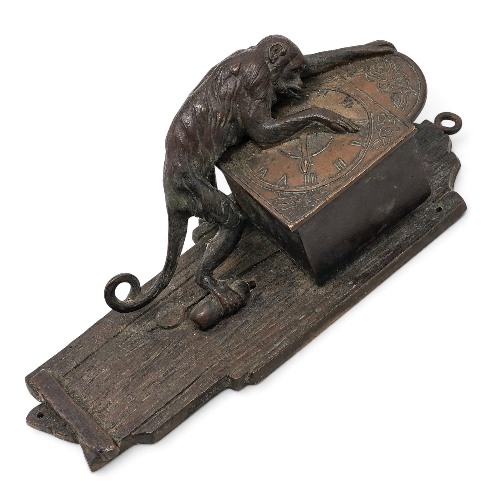 19th Cent. Arts & Crafts Bronze Monkey Firelighter: 19th Cent. Arts & Crafts Bronze Monkey Firelighter 1900s-1910, USA A 19th century Arts & Crafts era bronze firelighter depicting a clockmaker monkey adjusting a grandfather clock. H 7.25" x W 3" x