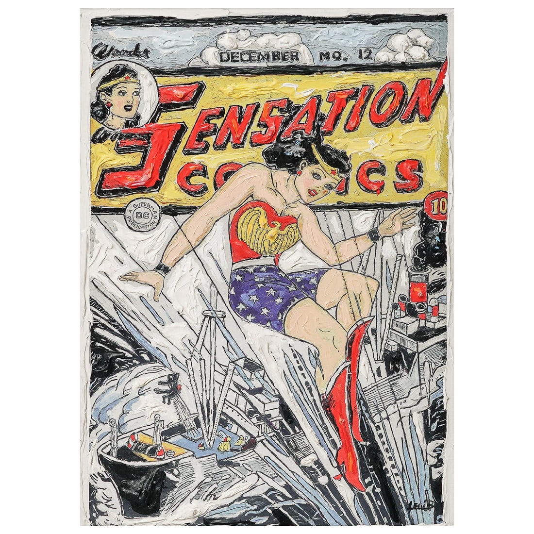 Leslie Lew (American, 1953-) "Wonder Woman Making a Splash" Monotype: Leslie Lew (American, 1953- ) "Wonder Woman Making a Splash" Monotype Late 20th Century, USA Sculpted oil on canvas monotype by Leslie Lew depicting Wonder Woman from Sensation Comics No. 12. Executed