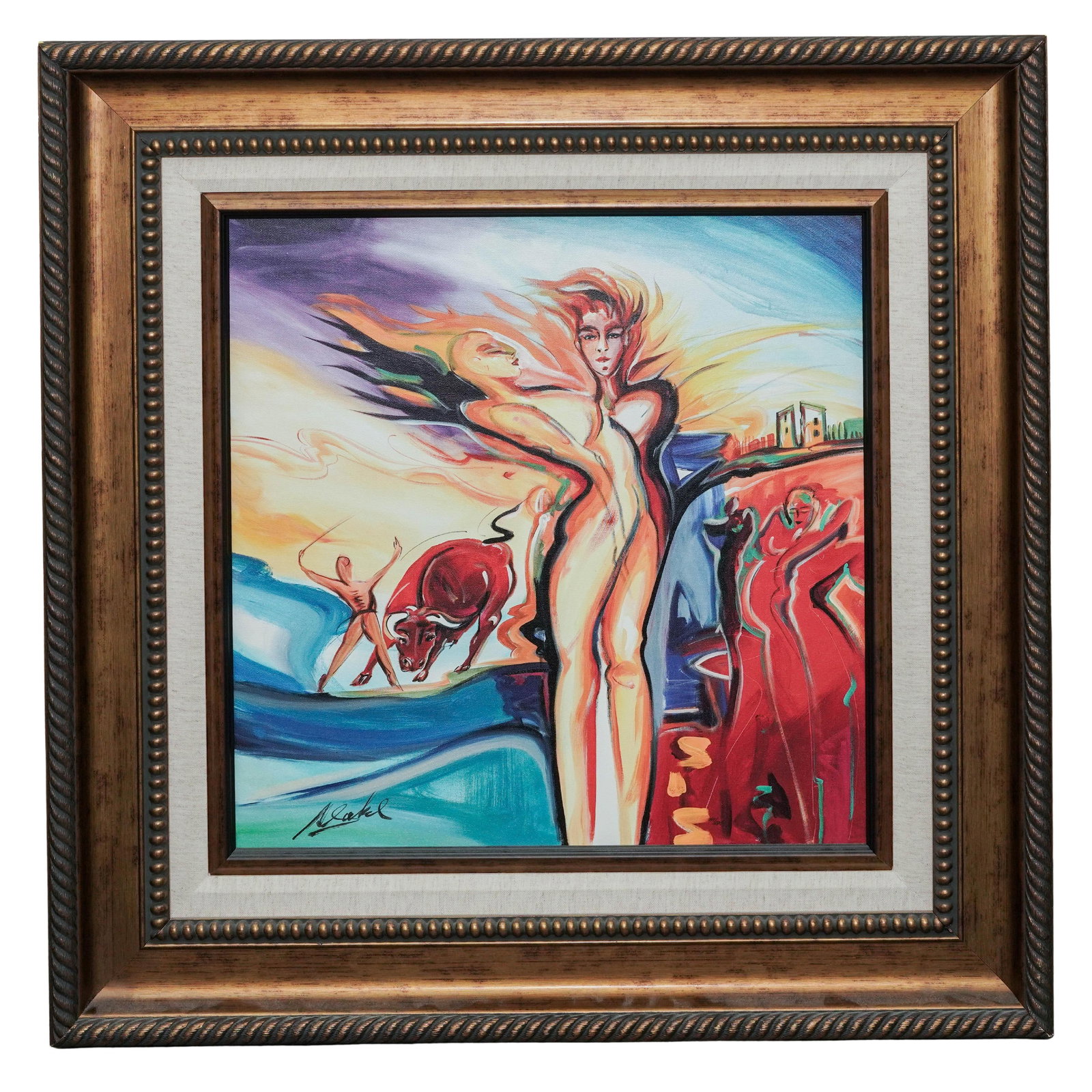 Alfred Gockel (German, 1952-) "All Fired Up" Giclee on Canvas: Alfred Gockel (German, 1952- ) "All Fired Up" Giclee on Canvas Late 20th Century, Germany Giclée on canvas by Alfred Gockel depicting an expressive female figure amid a vibrant, abstracted landscape 