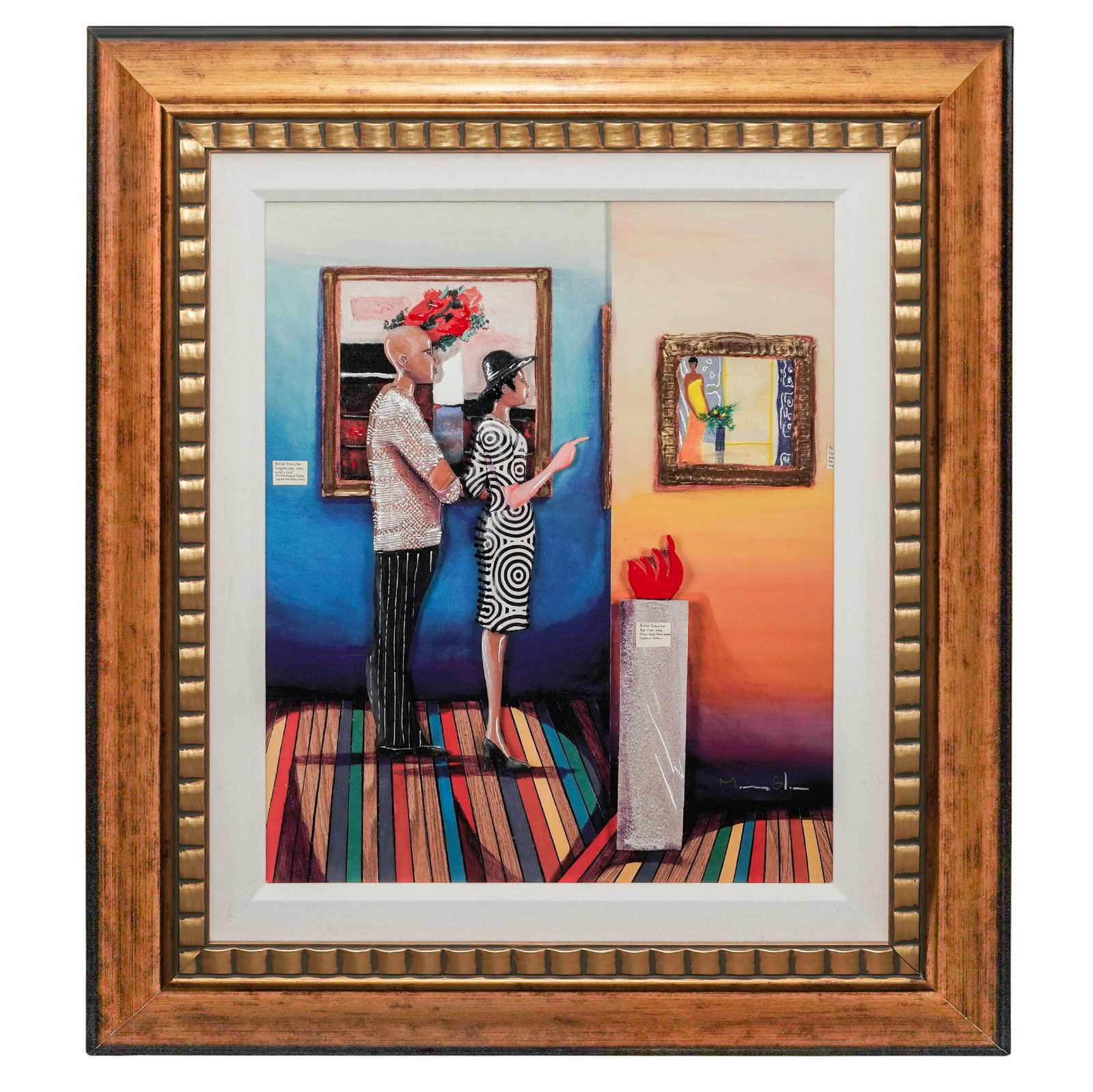 Marcus Glenn (American, 1968-) "Serious Art Collector" Mixed Media on Canvas: Marcus Glenn (American, 1968- ) "Serious Art Collector" Mixed Media on Canvas 2005, USA An embellished giclee in high relief on canvas by Marcus Glenn depicting a couple viewing artwork within a color