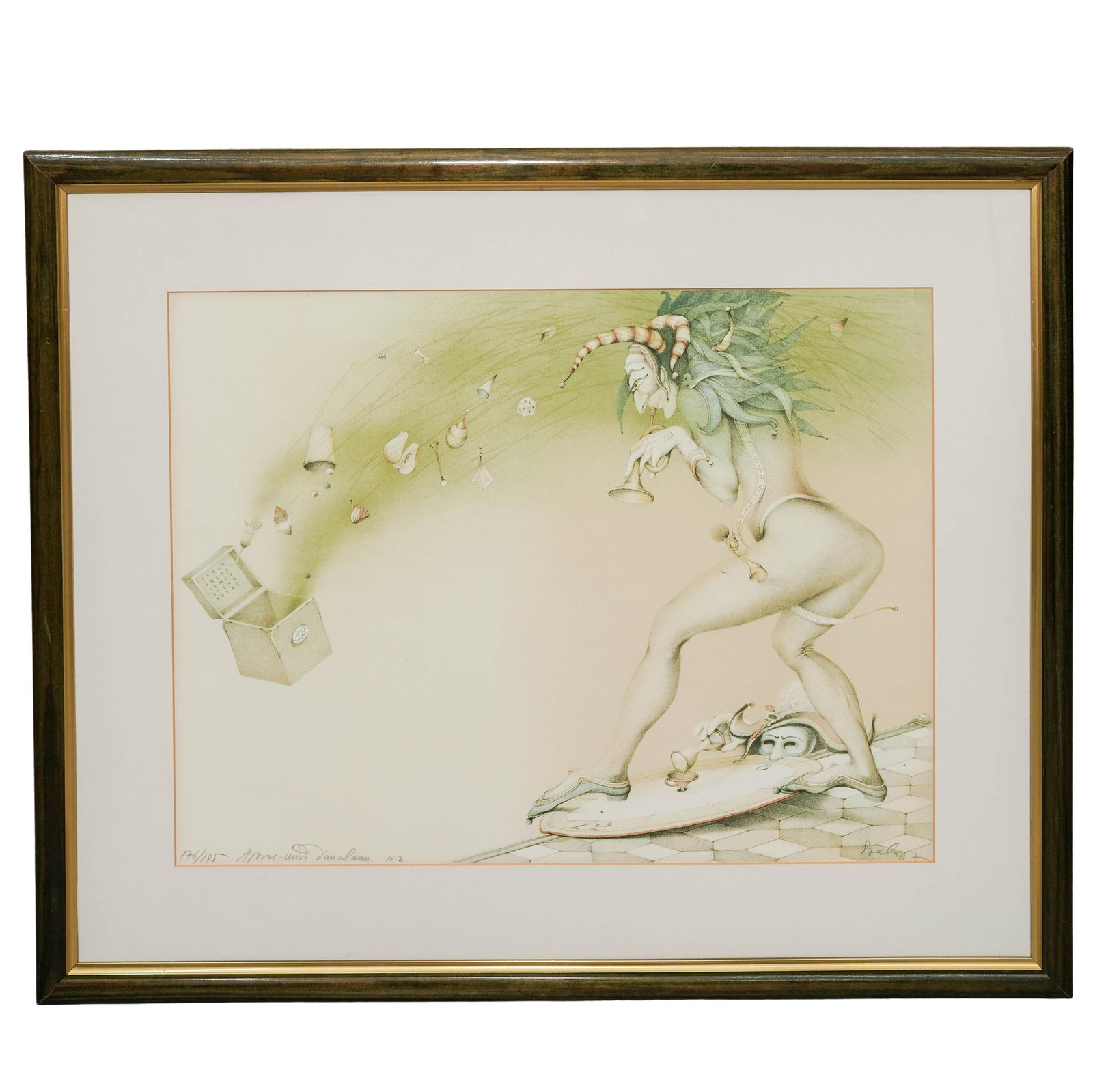 Michael Parkes (American, 1944-) Lithograph: Michael Parkes (American, 1944-) Lithograph Late 20th Century, Spain Limited edition color stone lithograph by Michael Parkes depicting a surreal jester figure releasing whimsical objects from an open