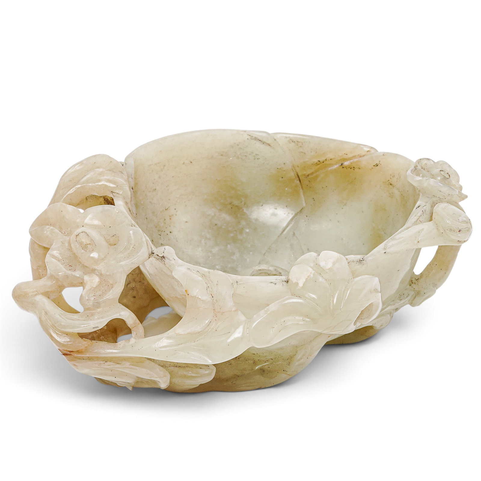 Chinese Ming Jade Libation Cup: Chinese Ming Jade Libation Cup 17th century, Chinese A fine and large open-work carved libation cup with floral design featuring branches, flowers, and fruit. H 2" x L 5" x W 4.25"