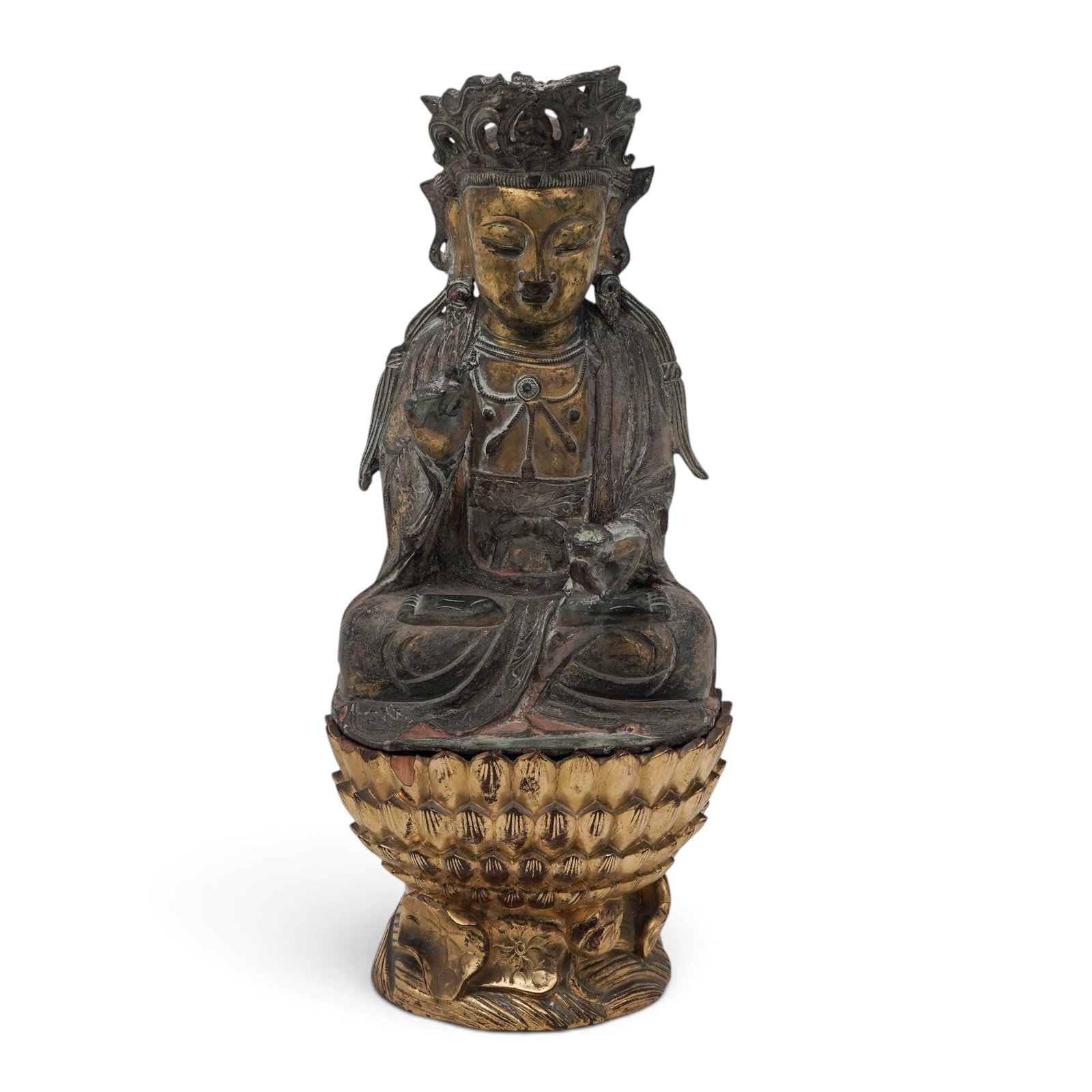(2 pcs) Large Chinese Gilt Bronze Ming Buddha, Guanyin: (2 pcs) Large Chinese Gilt Bronze Ming Buddha, Guanyin 17th century, Chinese This large and impressive gilt Buddha with face, chest, and hands fire-gilding. Robes front and back with lacquered gilt. T