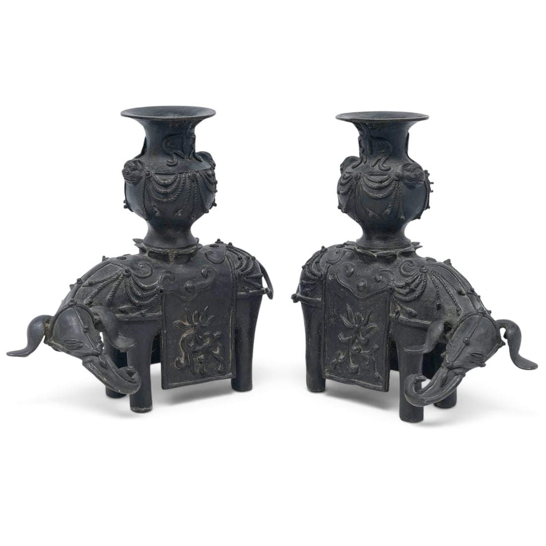 Pair of Chinese Ming Elephant Vase Bronzes: Large Pair of Chinese Gilt Cloisonne Altar Sticks, Pricket, Candlesticks Late 19th-early 20th century, Chinese This is a large pair of gilt cloisonne altar pricket candlesticks or sticks. Each candles