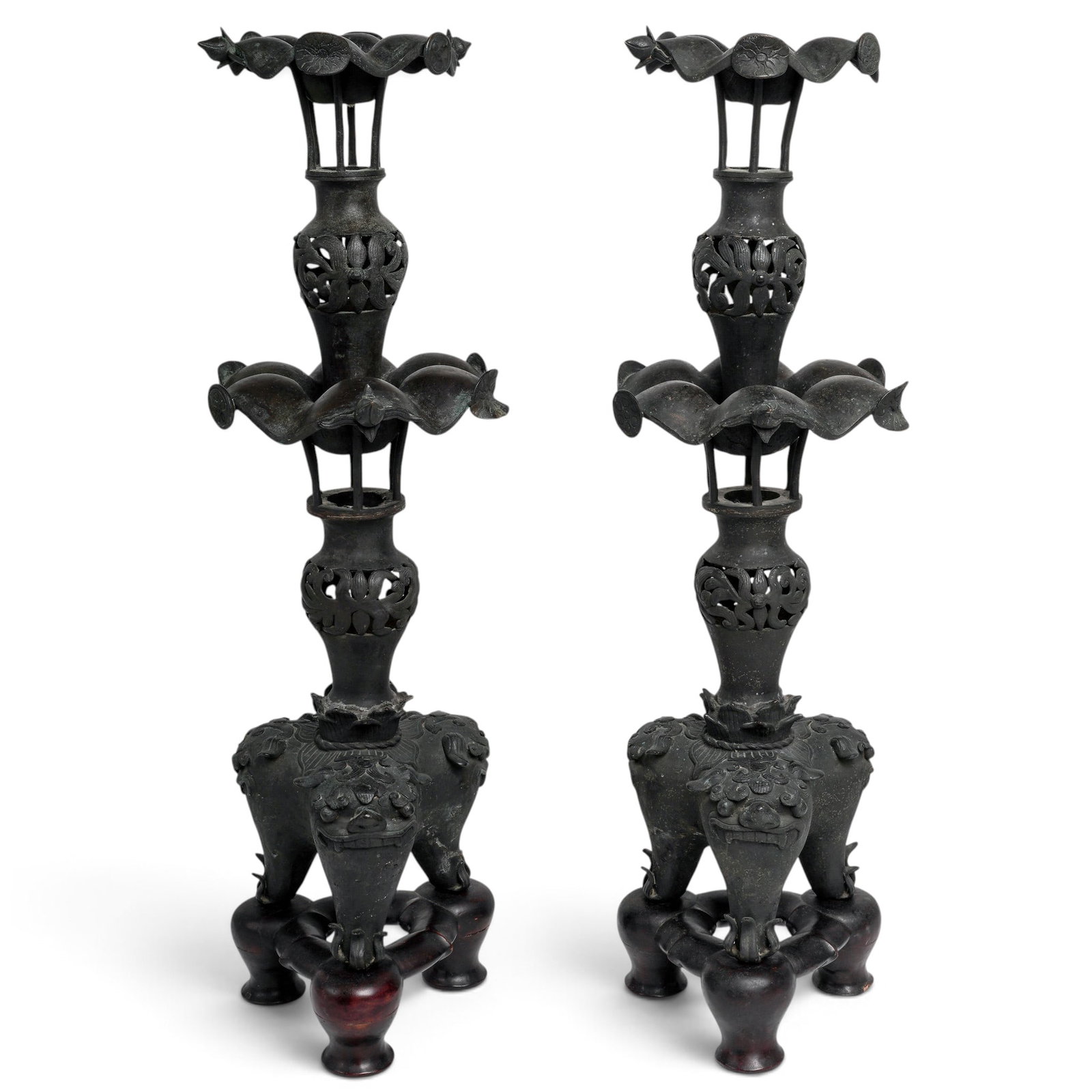 Large Pair of Chinese Ming Bronze Altar Pricket Candlesticks: Large & Impressive Chinese Imperial Five Claw Dragon Chest Late Qing period, Chinese The top carved in relief with a pair of dragons amongst clouds with central medallion. Each corner carved with an a