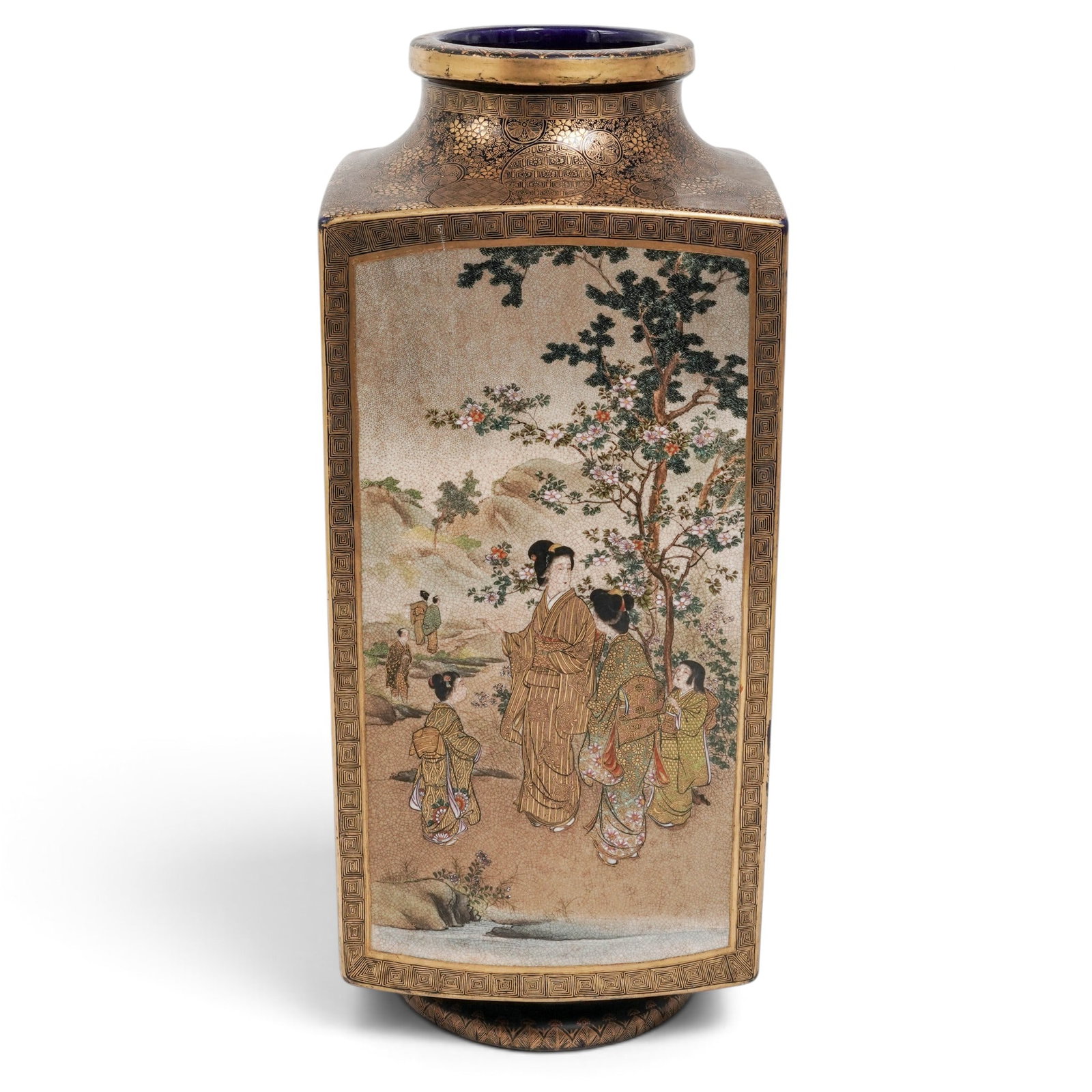 Large Signed Japanese Satsuma 4-Panel Vase: Chinese Blue & White Scholar's Objects Porcelain Vase 19th century or earlier, Chinese This finely painted blue and white vase with censers, vases, scrolls, paint brushes, flowers, screens, root wood 