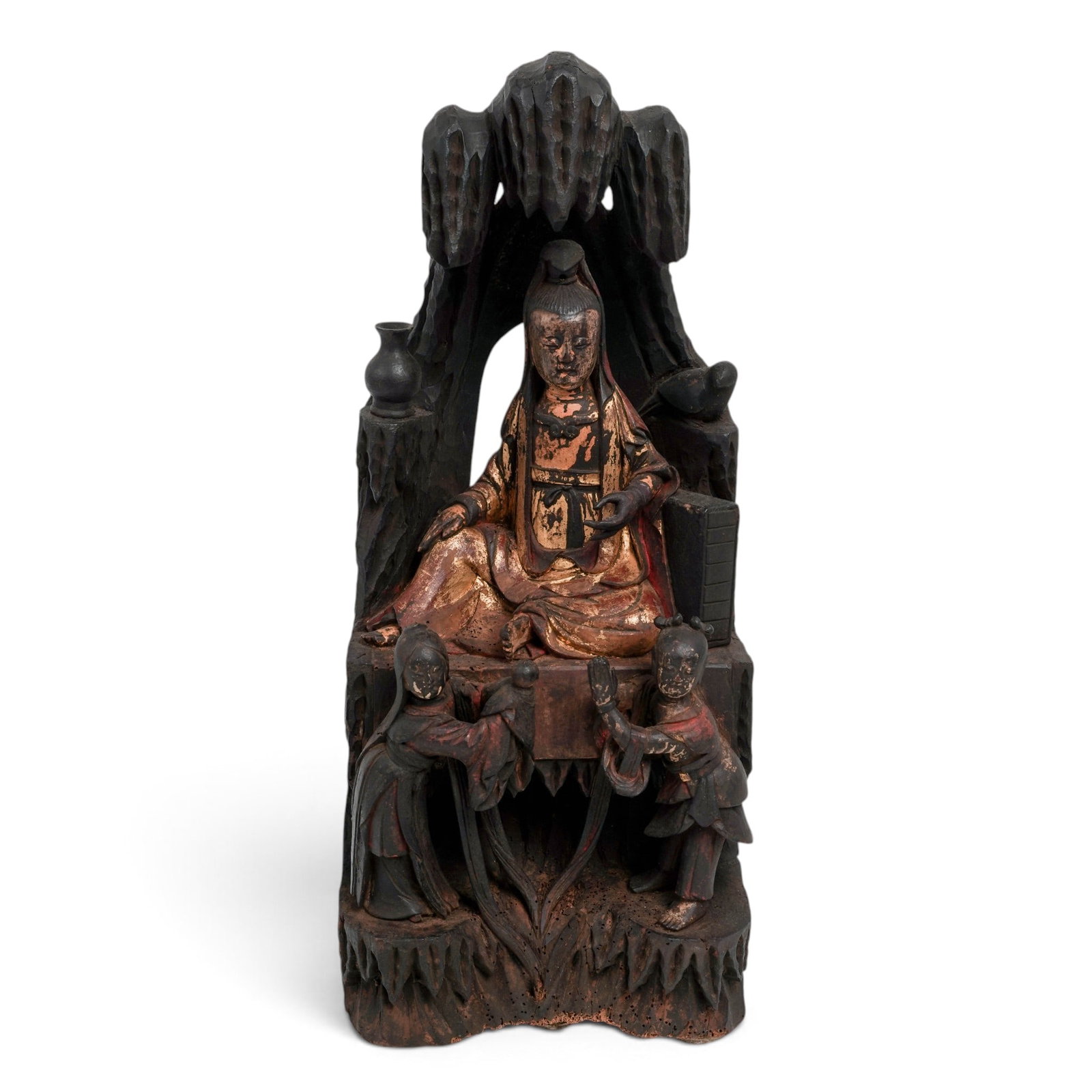 Chinese Carved Wood and Gold Leaf Guanyin: Large Signed Japanese Satsuma 4-Panel Vase Meiji period, Japanese Large and impressive satsuma vase with four completely different painted panels. The first panel with male and female pheasants, wiste