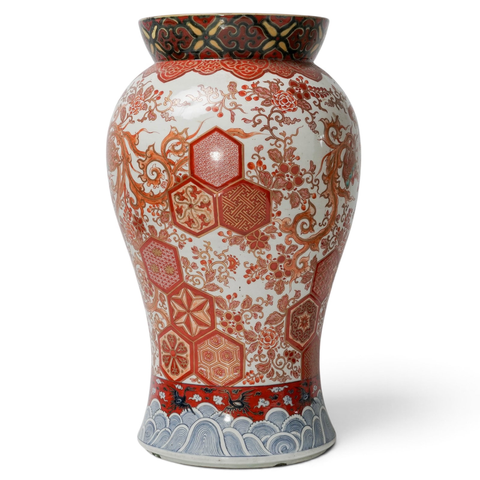 Large Japanese Meiji Period Imari Vase: Japanese Edo Period Temple Guardian Wood Sculpture 17th Century, Japan This large polychromed wood sculpture with arms raised, fierce face, standing on a wooden rock outcrop. There is an old label sta