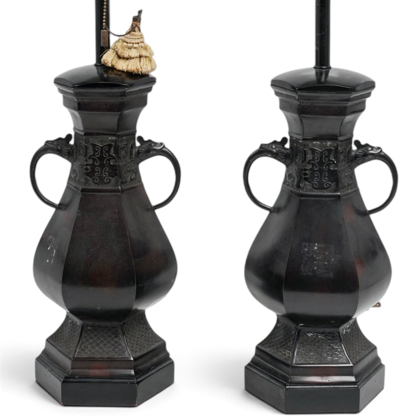 Pair of Chinese Ming Style Bronze Vase Lamps: Large Chinese YIxing Pottery Buffalo; Signed w/ Wax Seal Yixing period, Chinese This finely detailed pottery water buffalo with incised hair and details to eyes, horns, and mouth. Glazed black, tail, 