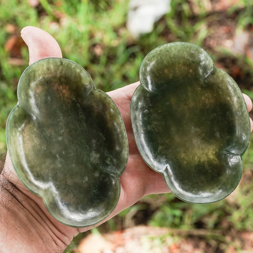 Pair of Chinese Spinach Jade Wine Cup Trays: Pair of Chinese Spinach Jade Wine Cup Trays Late Qing Dynasty, Chinese A pair of Chinese late Qing Dynasty lobed shape on raised foot jade wine cup trays. Wheel cut. 4.75" x W 3.625"