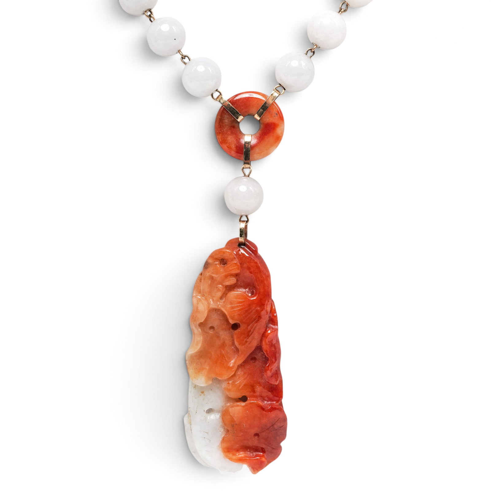 Chinese Red Jadeite and 14k Gold Mounted Necklace: Chinese Red Jadeite and 14k Gold Mounted Necklace Mid 20th century, Chinese Beautifully carved two-color jadeite pendant at the bottom of the necklace is carved with one white fish and one red fish wi