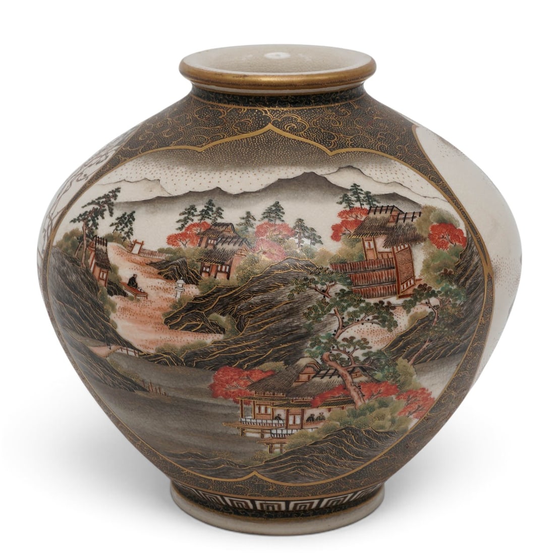 Rare Japanese Satsuma Vase by Yabu Meizan: Rare Japanese Satsuma Vase by Yabu Meizan Meiji period, Japanese A rare satsuma vase by Yabu Meizan (Japanese, 1853-1934). Highly unusual work by Meizan, with three large panels, one depicting