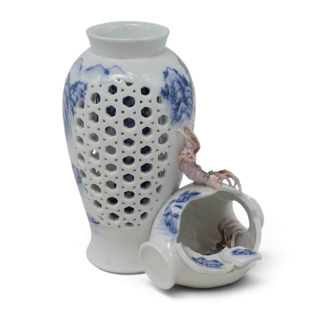 Japanese Hirado Signed Porcelain Masterpiece: Japanese Hirado Signed Porcelain Masterpiece Meiji period, Japanese A Japanese hirado signed porcelain masterpiece. Tall vase is pierced with basket. weave open work showing the interior vase with