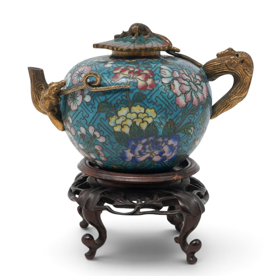 Chinese Gilt Cloisonne Teapot w/ Squirrel & Tree Design: Chinese Gilt Cloisonne Teapot w/ Squirrel & Tree Design Early 19th century, Chinese This very rare and unusual teapot is cast with gilt squirrels to the spout, handle, and lid. Lid is enameled in a