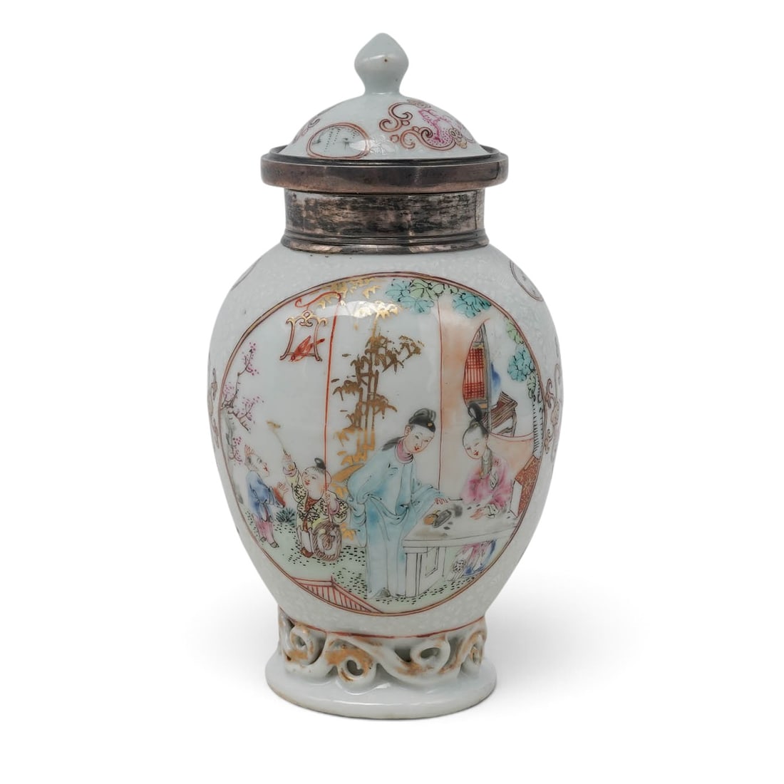 18th Cent. Chinese Export Porcelain Tea Jar: 18th Cent. Chinese Export Porcelain Tea Jar 18th century, Chinese An 18th century Chinese export porcelain tea jar with silver mounts. Qianlong period famille rose and gilt painted tea jar with fine p