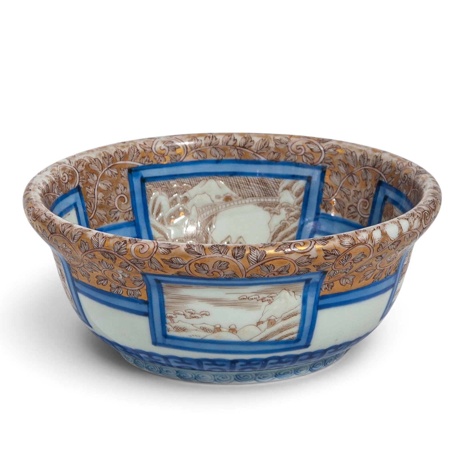 Japanese Blue Dragon Underglazed Gilt Landscape Bowl: Japanese Blue Dragon Underglazed Gilt Landscape Bowl Late 19th century, Japanese Very unusual Japanese bowl blue dragon underglaze and gilt landscape scene panels. Interior blue dragon to the interior