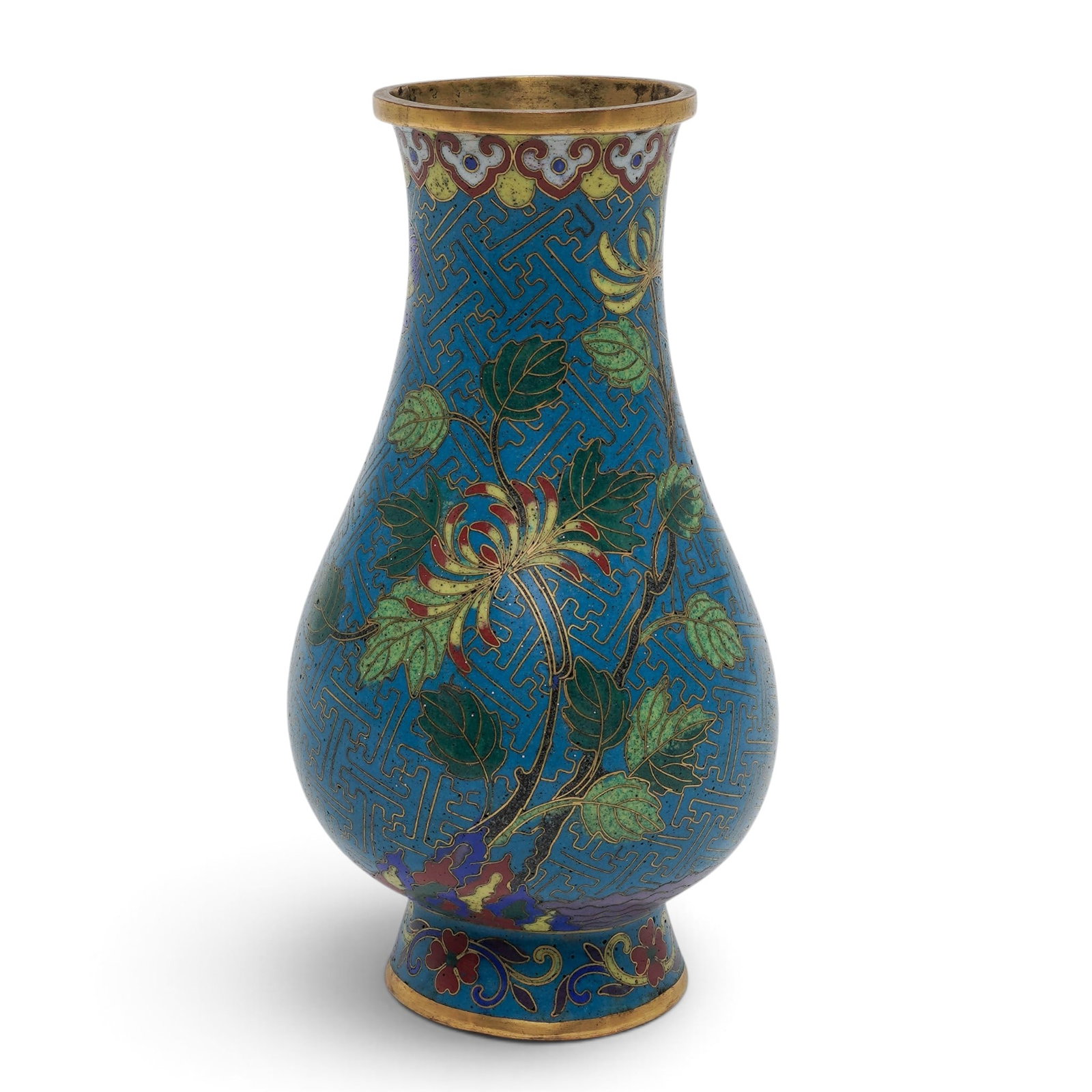 Chinese Gilt Cloisonne Pear Shaped Vase: Chinese Gilt Cloisonne Pear Shaped Vase 19th century, Chinese Pear shaped vase with scholar's rocks with flowers and leaves on a geometric patterned gilt background. Top interior and bottom have a fin