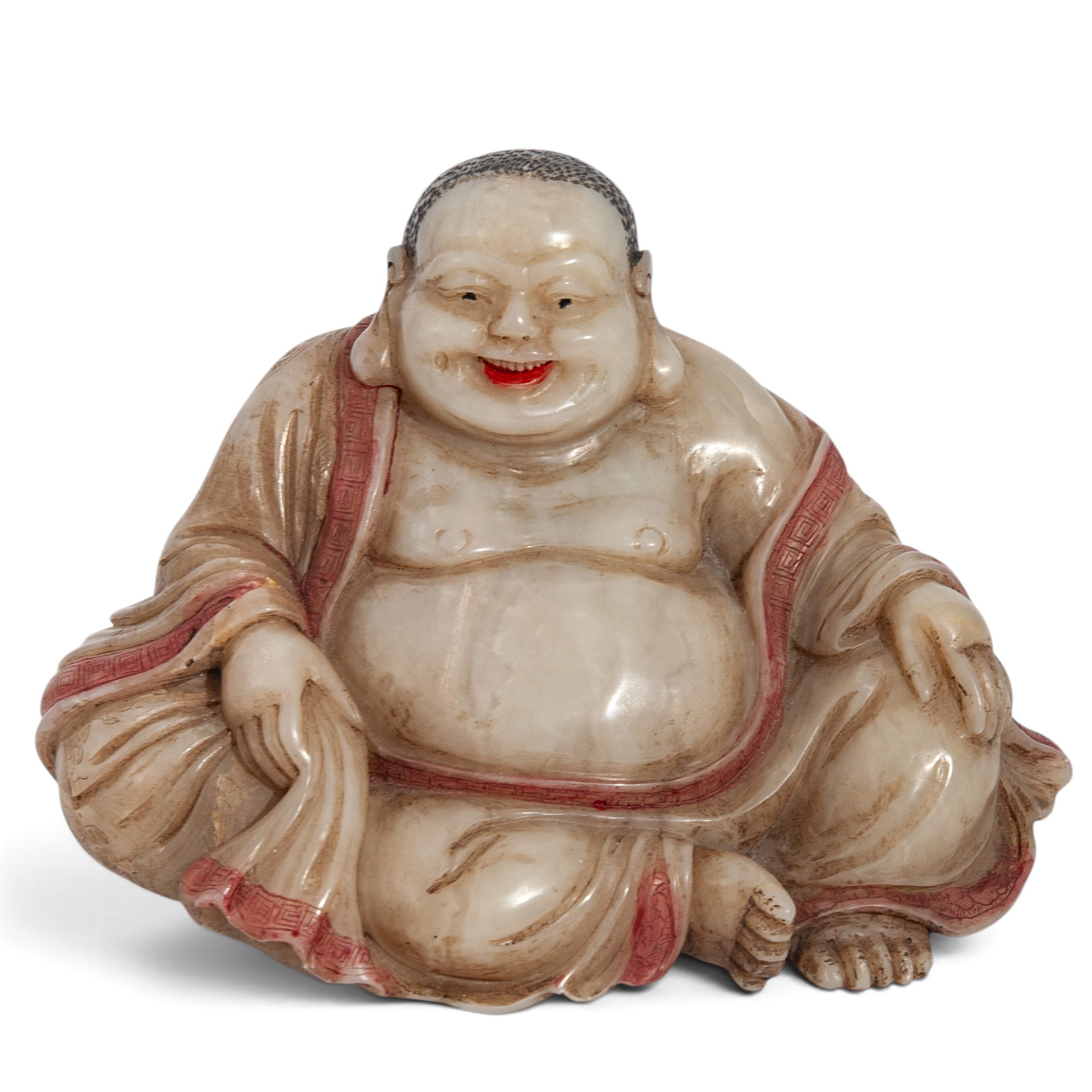 Antique Chinese Soapstone Seated Buddha: Antique Chinese Soapstone Seated Buddha Early to mid 20th century, Chinese A Chinese carved soapstone seated Buddha (Budai) with polychrome highlights to robe, hair, and facial detailing. Etched desig