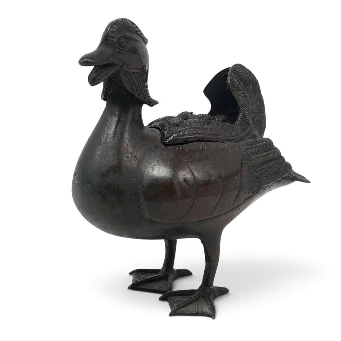 Chinese Ming Mandarin Duck Censer: Chinese Ming Mandarin Duck Censer Ming dynasty (1368-1644), Chinese A Chinese Ming era Mandarin duck censer. Standing on two legs with webbed feet. Beautiful dark patina and incised design on feathers