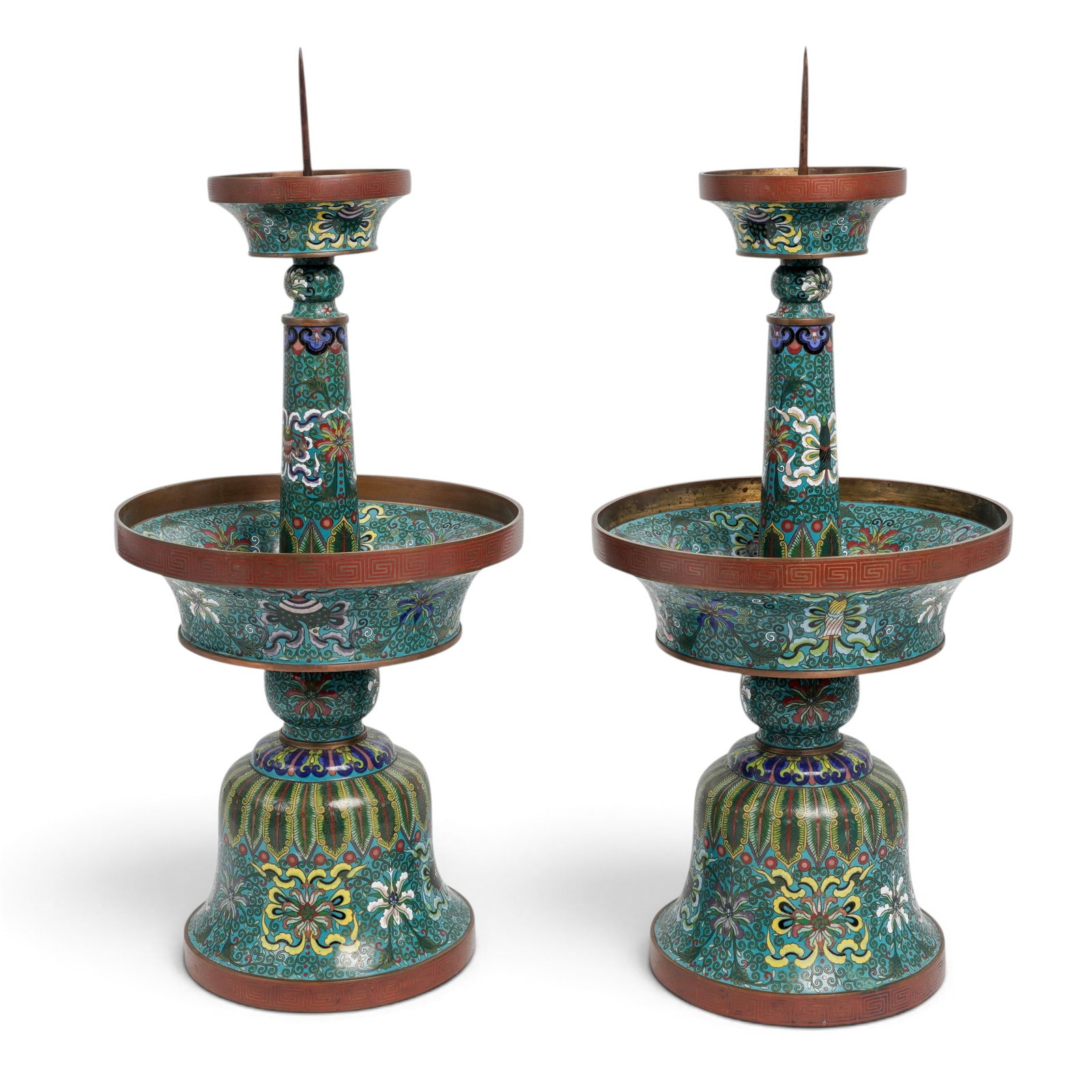 Large Pair of Chinese Gilt Cloisonne Altar Sticks, Pricket, Candlesticks: Large Pair of Chinese Gilt Cloisonne Altar Sticks, Pricket, Candlesticks Late 19th-early 20th century, Chinese This is a large pair of gilt cloisonne altar pricket candlesticks or sticks. Each candles