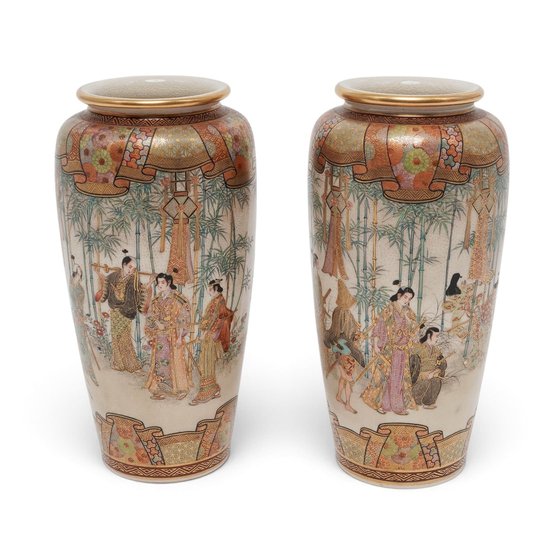 Pair of Japanese Meiji Satsuma Vases, Marked: Pair of Japanese Meiji Satsuma Vases, Marked Meiji period, Japanese A matched pair of Japanese Meiji period Satsuma vases. A beautiful pairing, with Samurai and courtesan walking through a bamboo grov