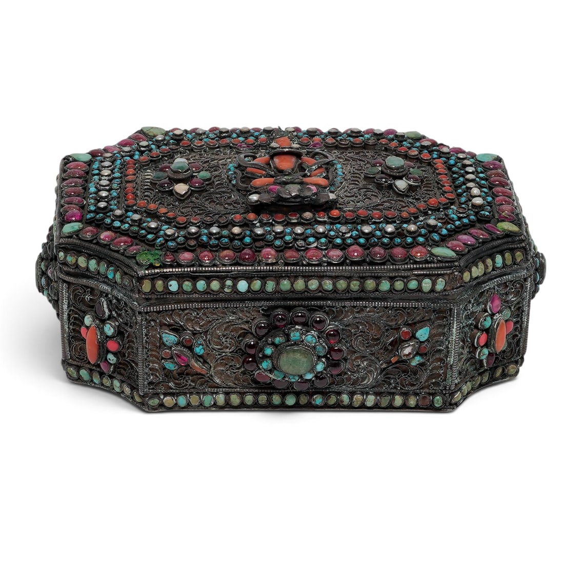 Large Masterpiece Nepalese Jeweled Silver Box: Large Masterpiece Nepalese Jeweled Silver Box Late 19th-early 20th century, Nepalese A large masterpiece Nepalese silver box with fine raised silver filigree and multiple levels of jeweled design. Cen
