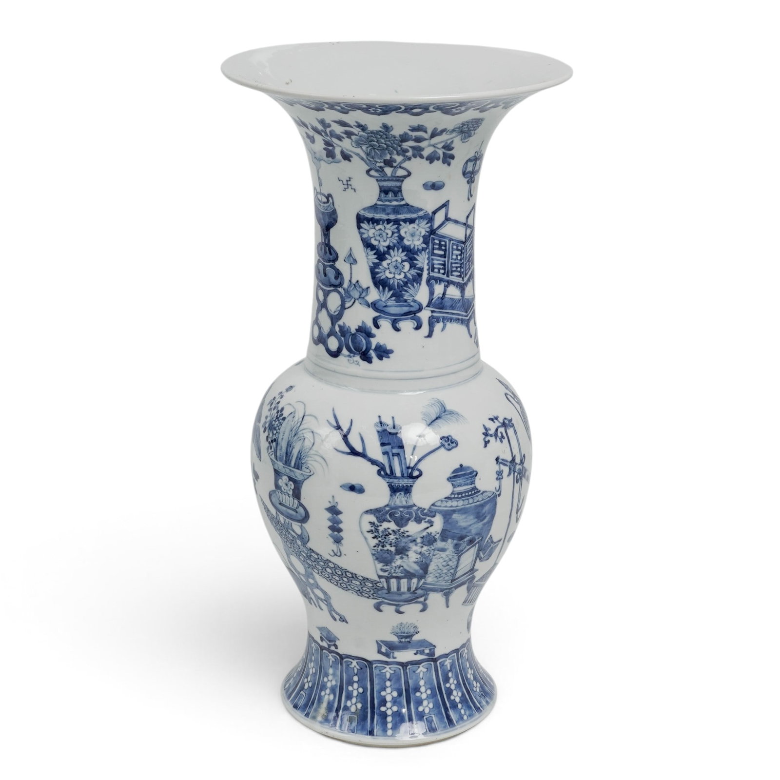 Chinese Blue & White Scholar's Objects Porcelain Vase: Chinese Blue & White Scholar's Objects Porcelain Vase 19th century or earlier, Chinese This finely painted blue and white vase with censers, vases, scrolls, paint brushes, flowers, screens, root wood 