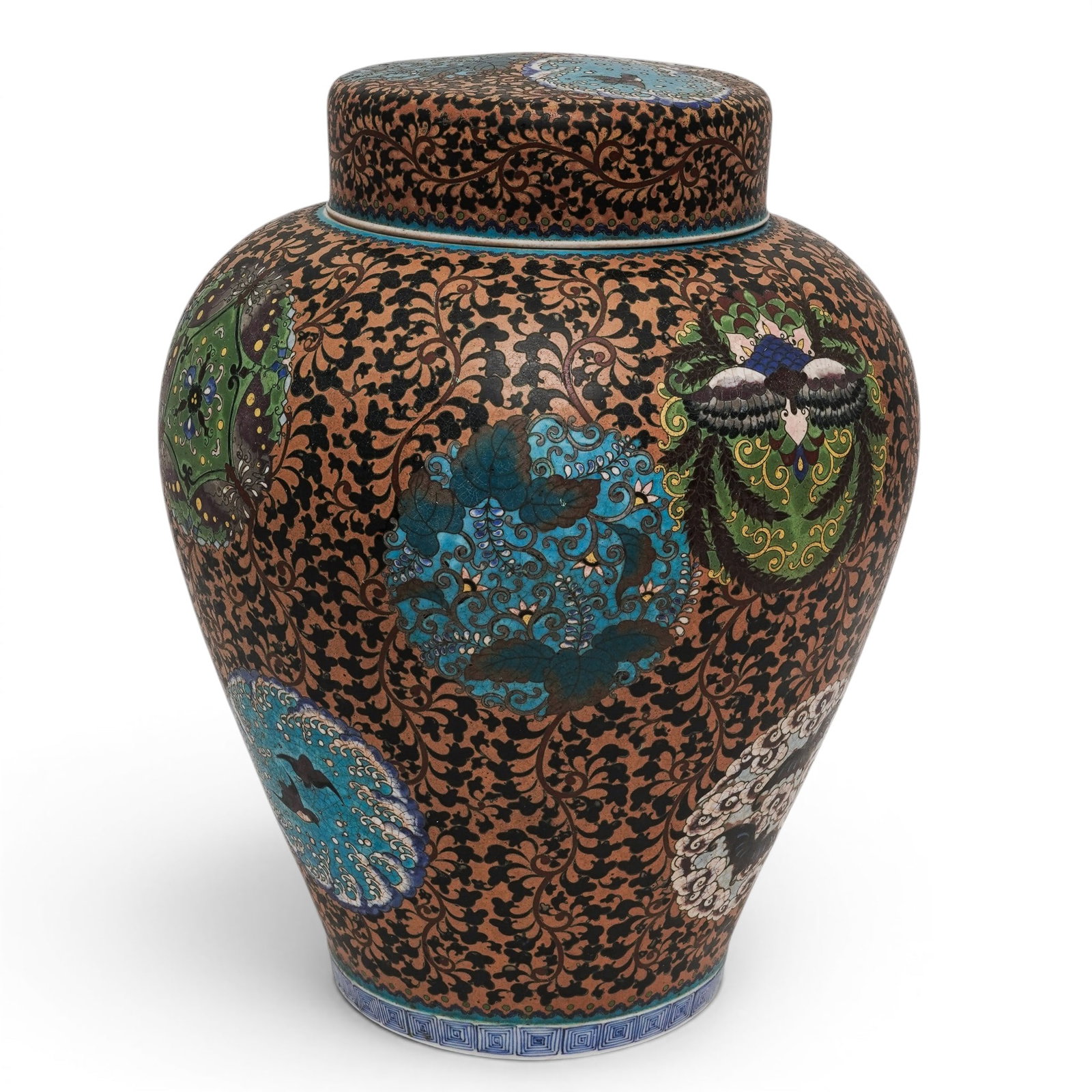 Rare Large Japanese Totai Shippo Cloisonne on Porcelain Covered Jar: Rare Large Japanese Totai Shippo Cloisonne on Porcelain Covered Jar Late 19th century, Japanese This large and magnificent piece is made with a rare technique of wirework and enamel applied to porcela