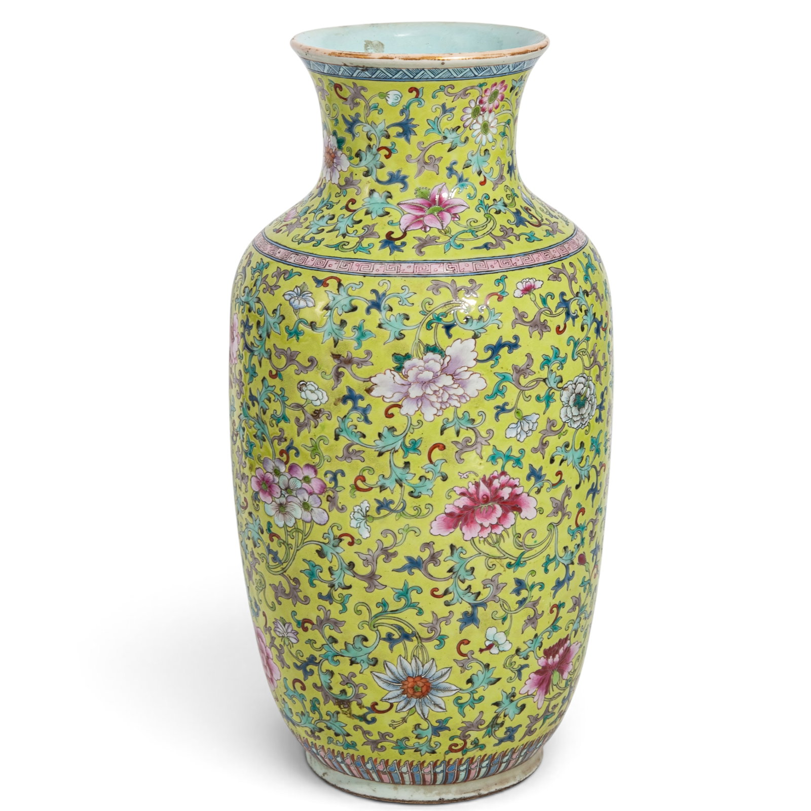 Chinese Porcelain Famille Rose Lime Green Ground Floral Vase: Chinese Porcelain Famille Rose Lime Green Ground Floral Vase Likely Mid 19th century, Chinese A Chinese porcelain famille rose floral vase on a lime green ground. This finely painted porcelain vase wi