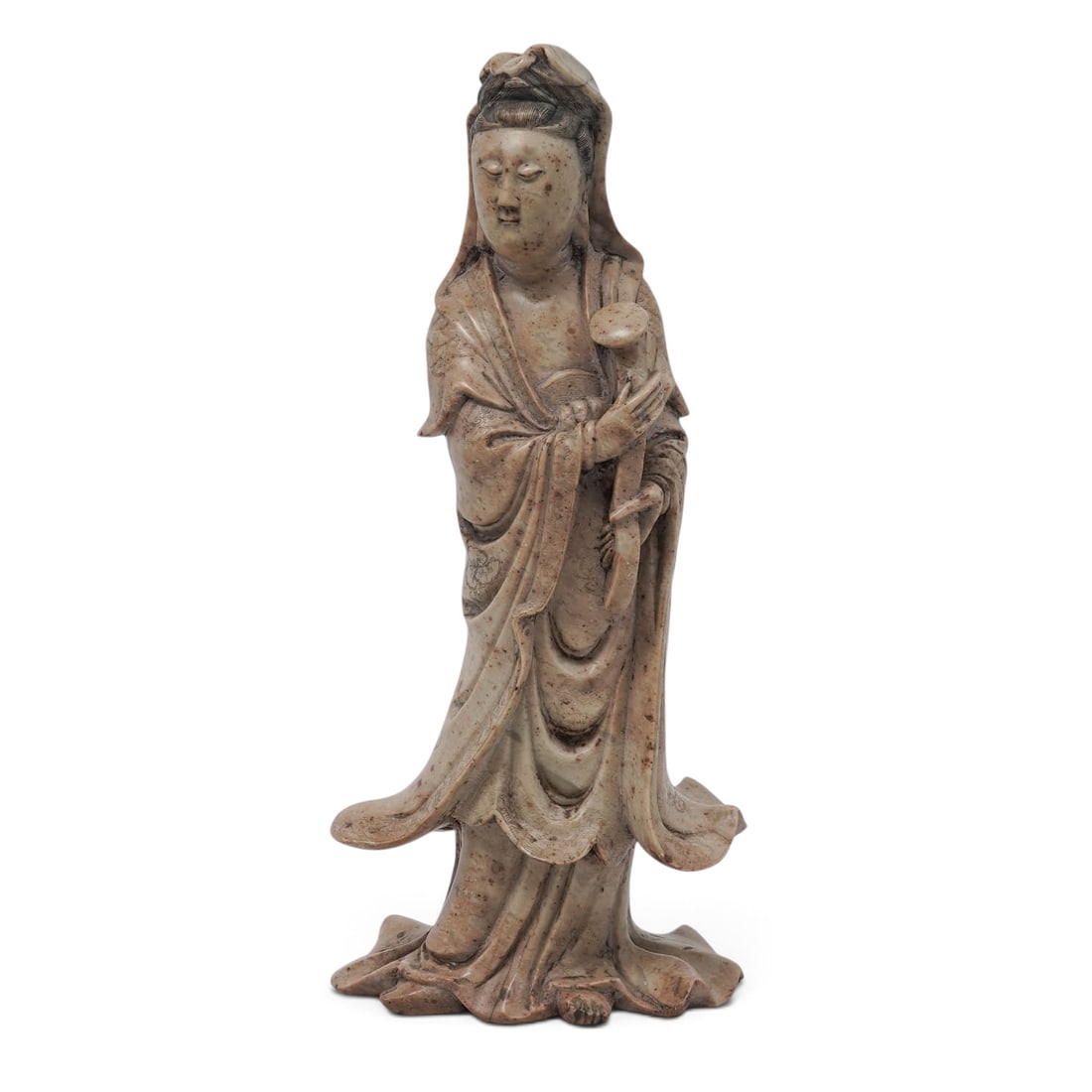 Large Chinese Soapstone Standing Guanyin: Large Chinese Soapstone Standing Guanyin 19th century, Chinese Large and impressive standing Guanyin is holding a scepter with finely engraved robes and serene facial expression. Engraved robe with cl