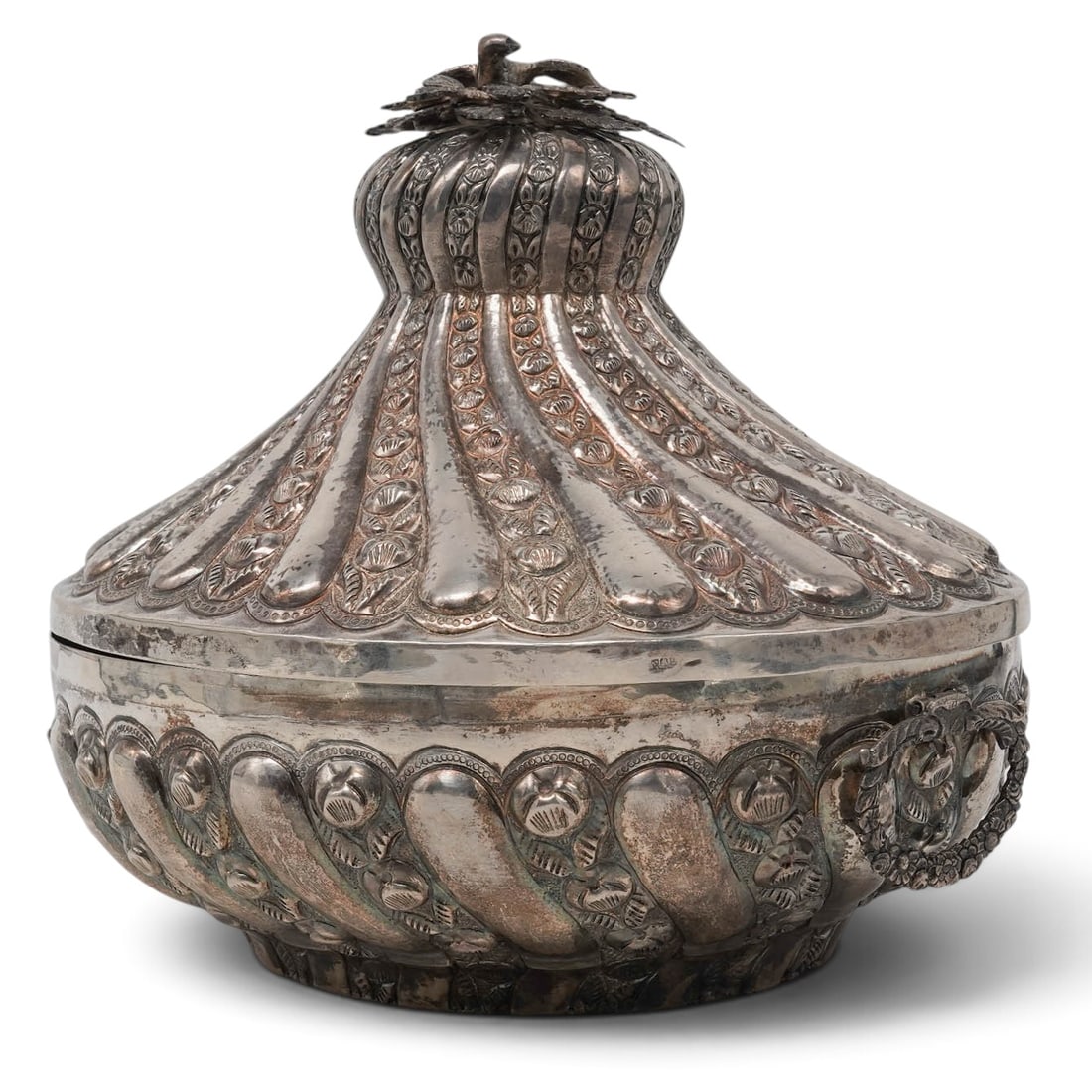 Turkish Ottoman Empire Silver Wedding Box: Turkish Ottoman Empire Silver Wedding Box 19th century, Turkish A Turkish Ottoman Empire silver wedding box crafted from silver using repousse techniques. Features a bulbous, ribbed body with a tapere