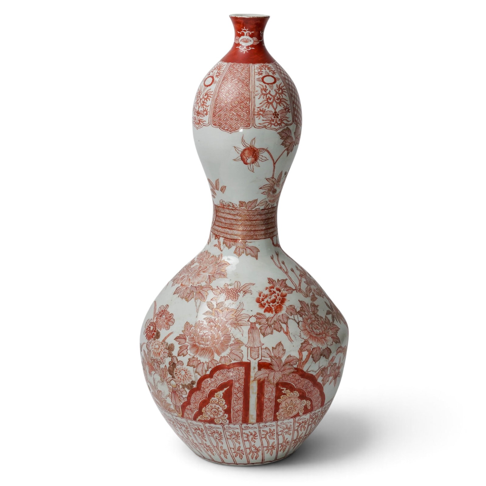 Rare Large Arita Double Gourd Vase: Rare Large Arita Double Gourd Vase 19th Century, Japan Late Edo to Early Meiji. This large and impressive double gourd with simulated silk cord around body with knot including tassels. Reminiscent of 