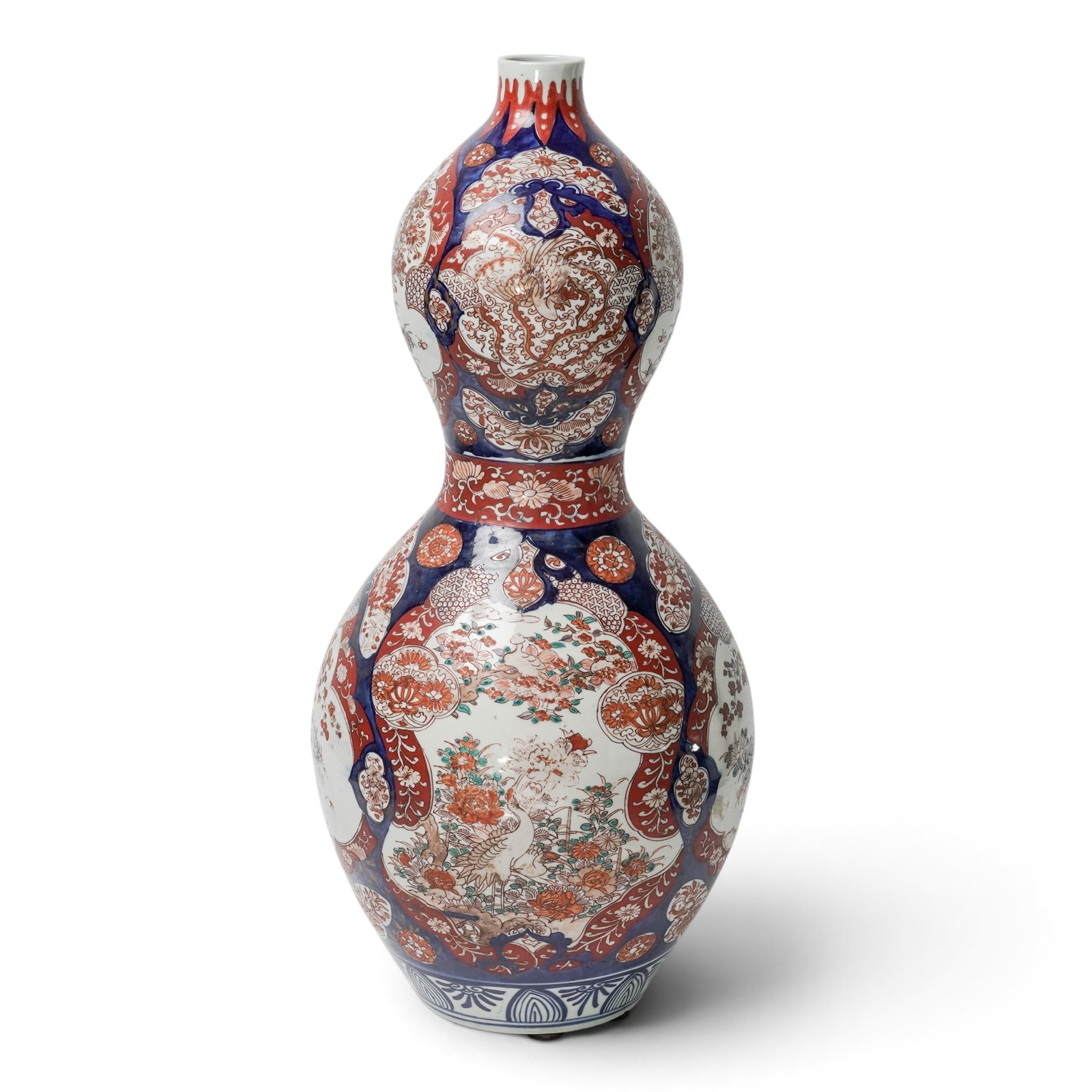 Large Imari Porcelain Double Gourd Vase: Large Imari Porcelain Double Gourd Vase 19th Century, Japan The double gourd vase with large panels of gardens and cranes with underglaze blue borders. The upper gourd with water and phoenixes and und