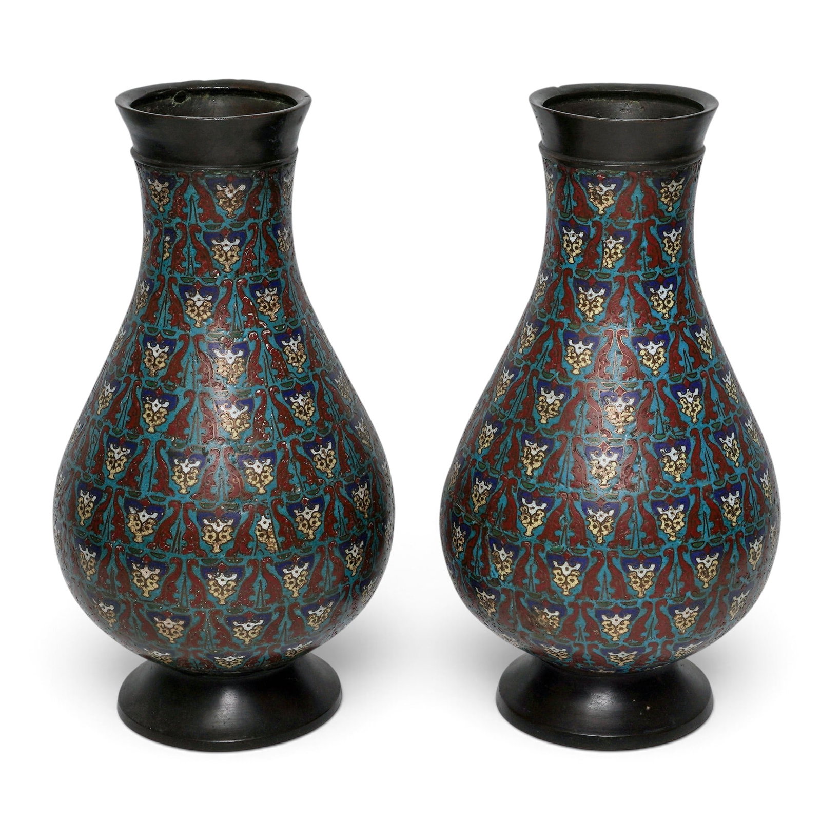 Pair of Japanese Champleve Enamel Bronze Vases: Pair of Japanese Champleve Enamel Bronze Vases 19th Century, Japan This pair of vases is in the Chinese archaic style with enamels in blue, yellow, red, green and white. The patina is a nice rich brow