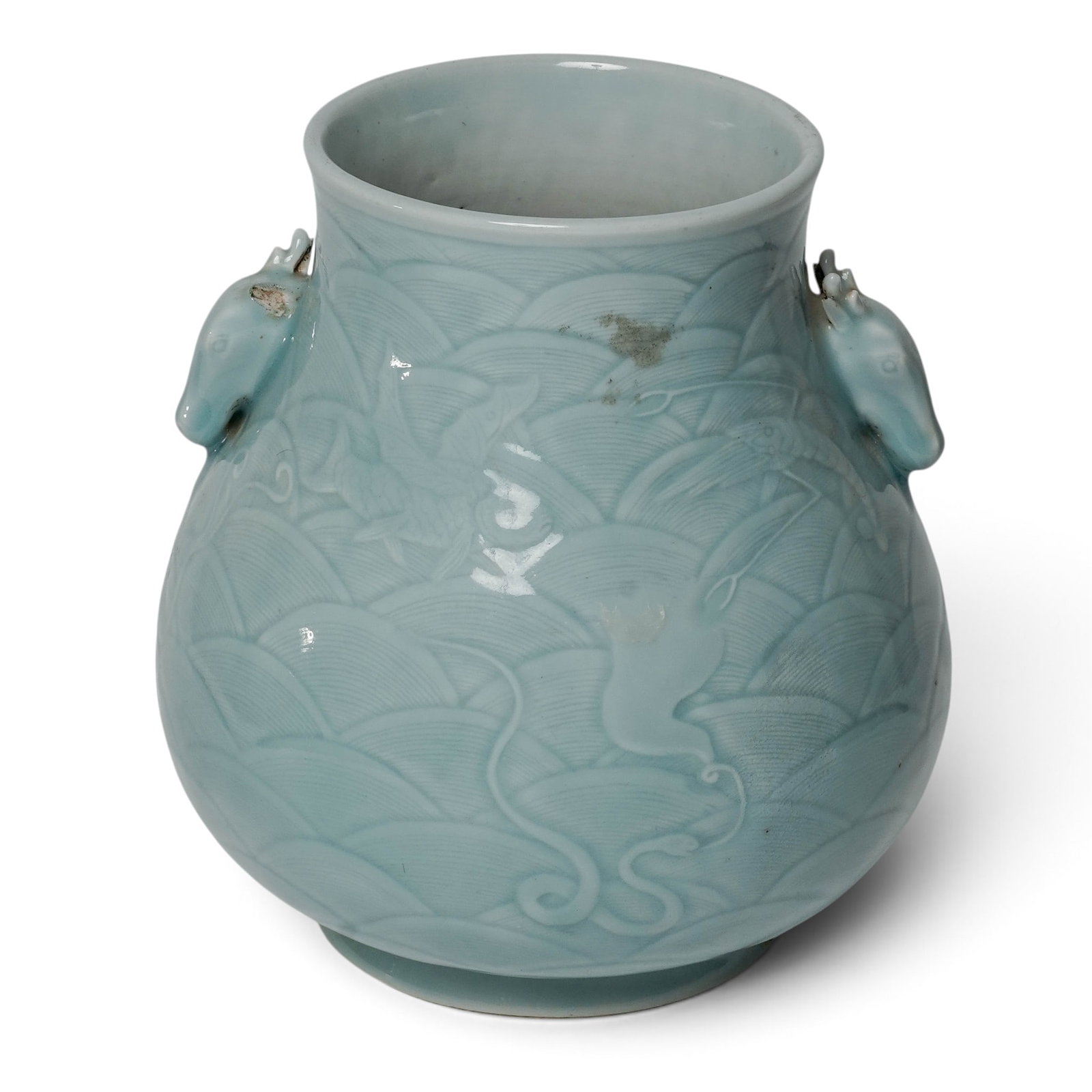 Chinese Porcelain Clair De Lune Glazed Vase: Chinese Porcelain Clair De Lune Glazed Vase Late 18th Century to Early 19th Century, China Chinese Porcelain Clair De Lune Glazed Vase with deer head handles and carved incised design of crab, turtle,