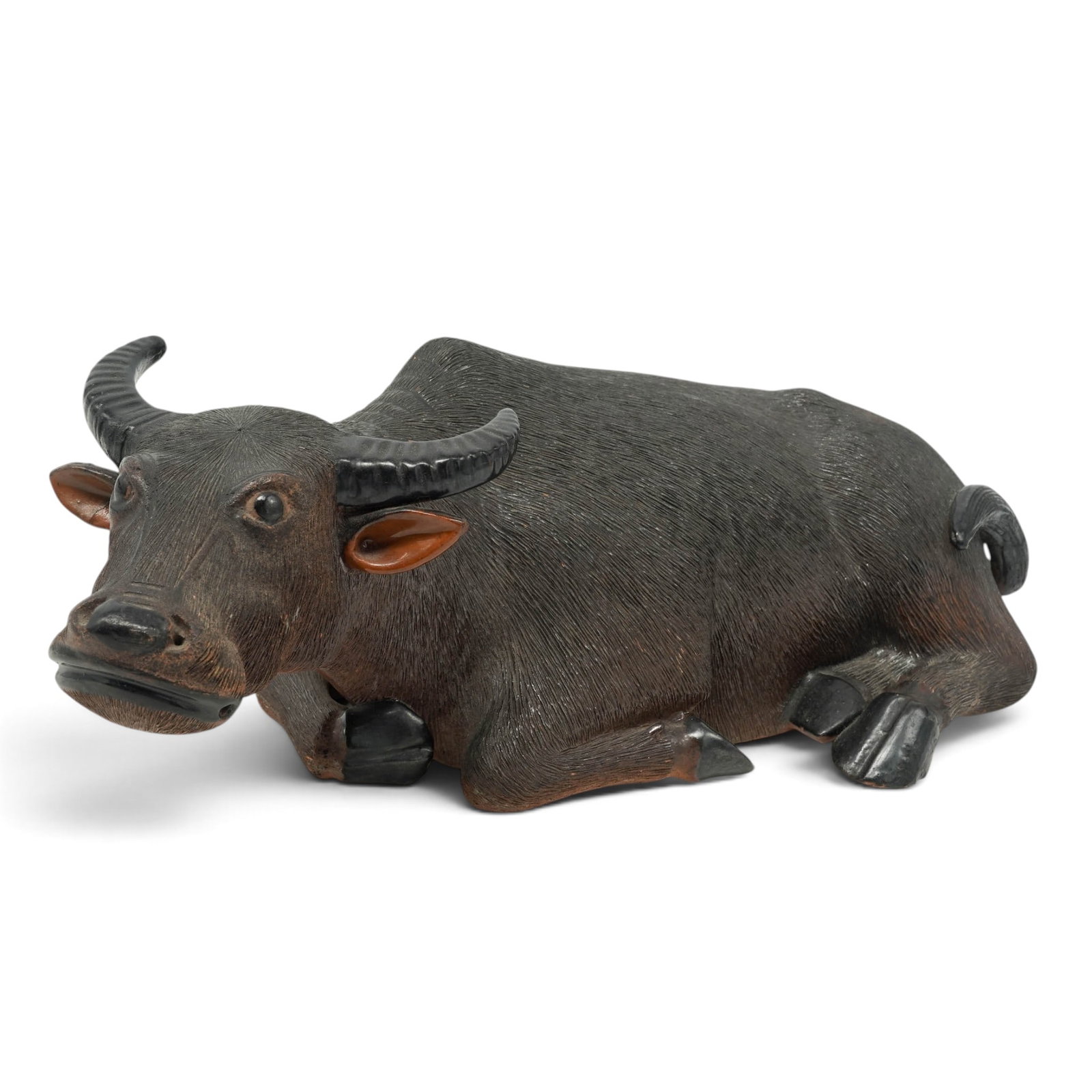 Large Chinese YIxing Pottery Buffalo; Signed w/ Wax Seal: Large Chinese YIxing Pottery Buffalo; Signed w/ Wax Seal Yixing period, Chinese This finely detailed pottery water buffalo with incised hair and details to eyes, horns, and mouth. Glazed black, tail, 
