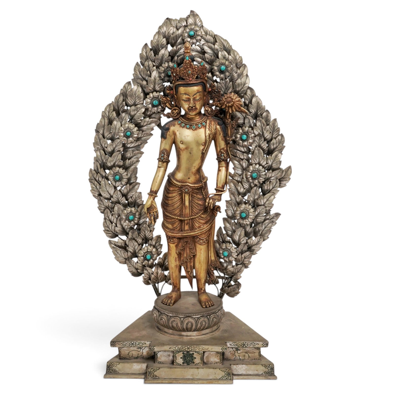 (3 pcs) Large Nepalese Gilt & Silver Washed Deity w/ Turquoise Coral Inlay: (3 pcs) Large Nepalese Gilt & Silver Washed Deity w/ Turquoise Coral Inlay Late 20th century (1950s-1980s), Nepalese A large Nepalese gilt & silver washed deity with turquoise and coral inlay Standing