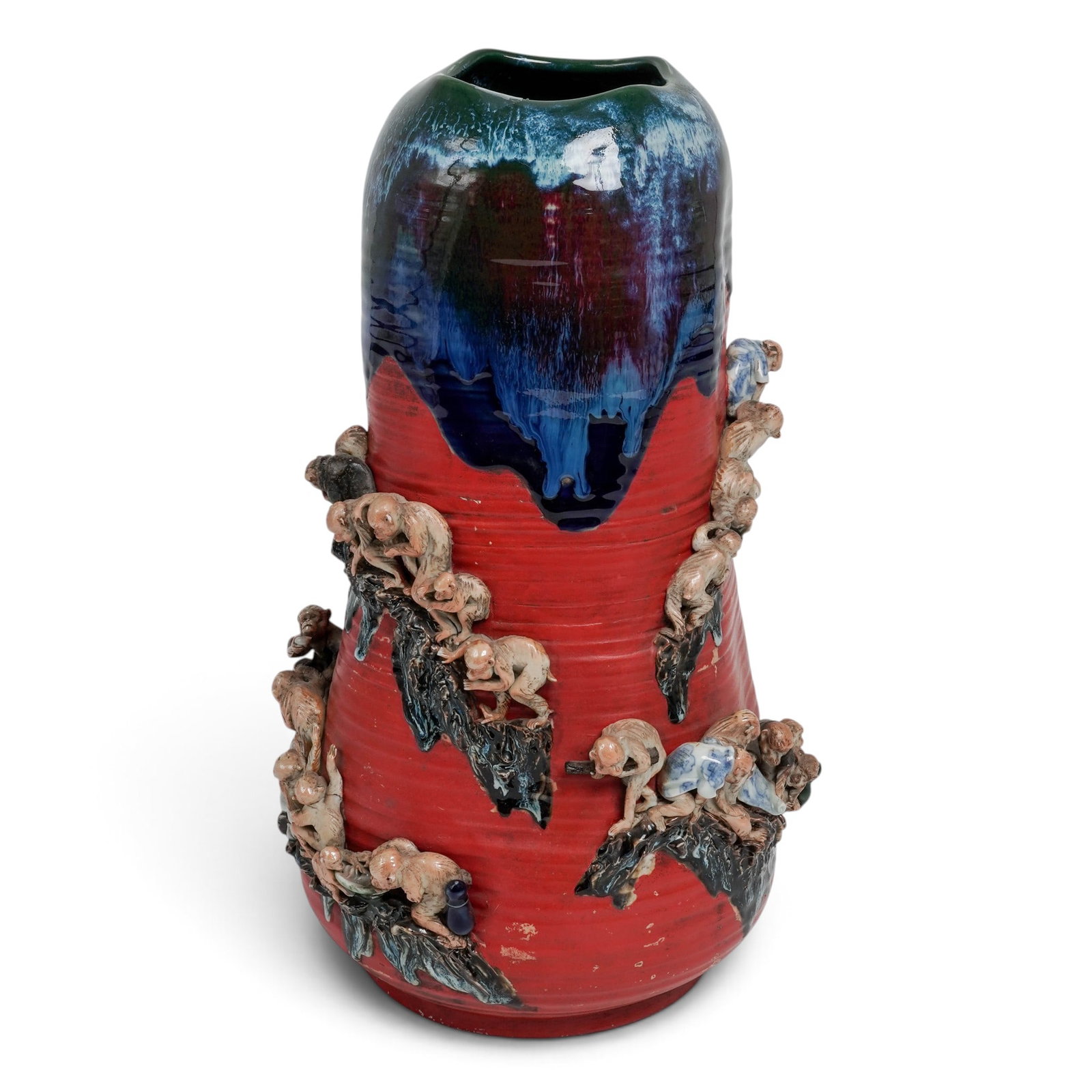 Large Japanese Sumidagawa Monkey Vase: Large Japanese Sumidagawa Monkey Vase Meiji period, Japanese This masterpiece of Sumida work has thirty separate monkeys in different positions holding peaches, wearing kimonos, climbing mountains. Fl