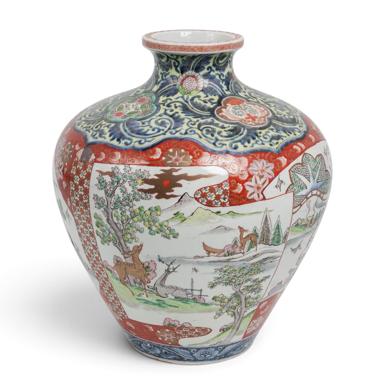 Large Japanese Arita Imari Vase: Large Japanese Arita Imari Vase Meiji period, Japanese Large Japanese Arita Imari vase with four overlapping panels painted to resemble a scroll. The neck and shoulder with under-glazed blue scrolling