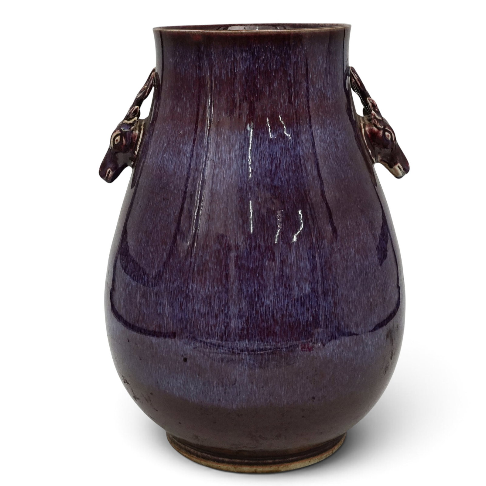 Large Chinese Flambe Glazed Hu Shaped Vase w/ Deer Handles (1 of 8)