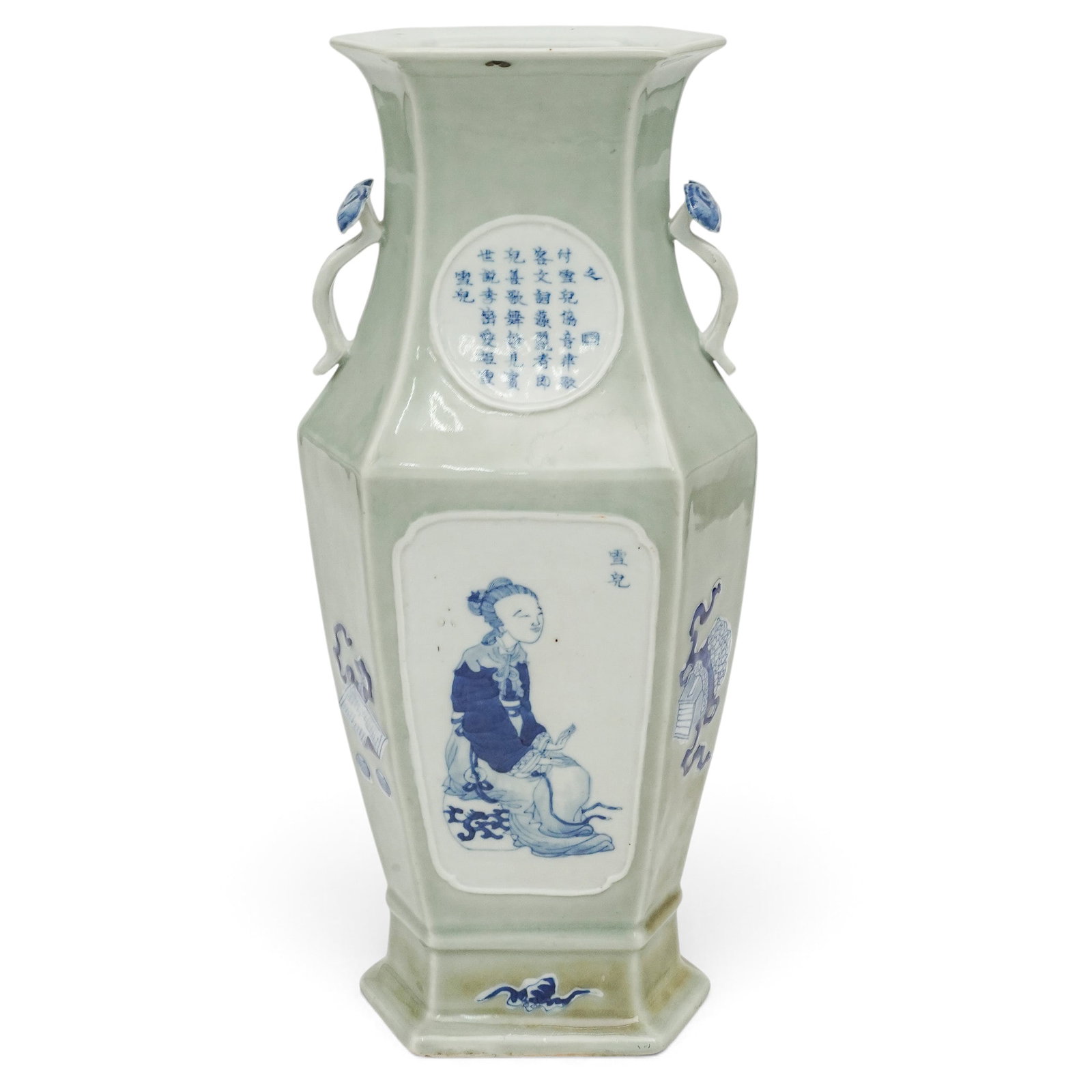 Chinese Celadon Blue & White Underglaze Vase: Chinese Celadon Blue & White Underglaze Vase 19th century (Qing dynasty), Chinese Hexagonal shaped vase with four raised framed panels. Scepter handles with calligraphy and Chinese courtesans with emb