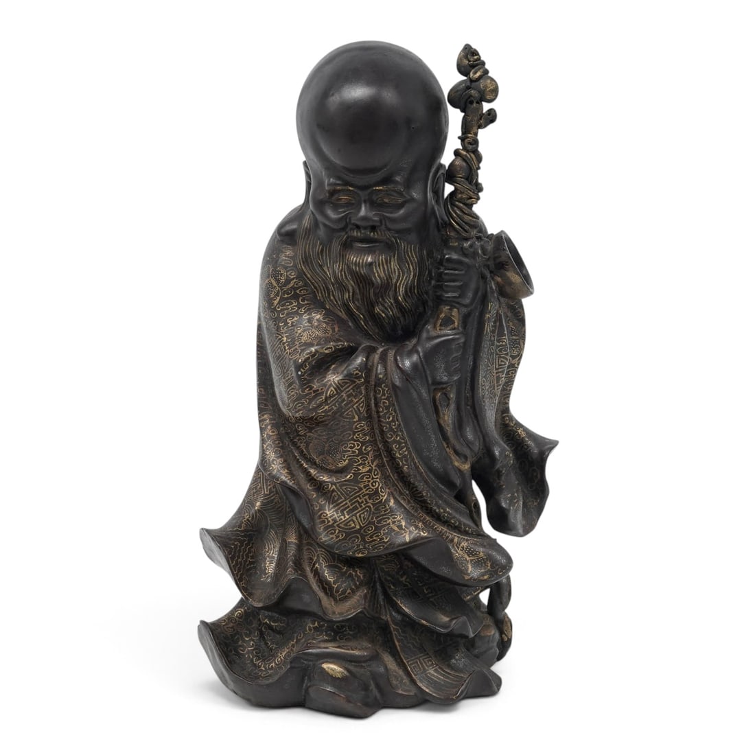 Chinese Black Glaze Porcelain Shou Lao w/ Gilt Design: Chinese Black Glaze Porcelain Shou Lao w/ Gilt Design Late Qing (19th-early 20th century), Chinese Chinese black glaze porcelain imitating bronze Shou Lao. Shou Lao is standing with large head and hol