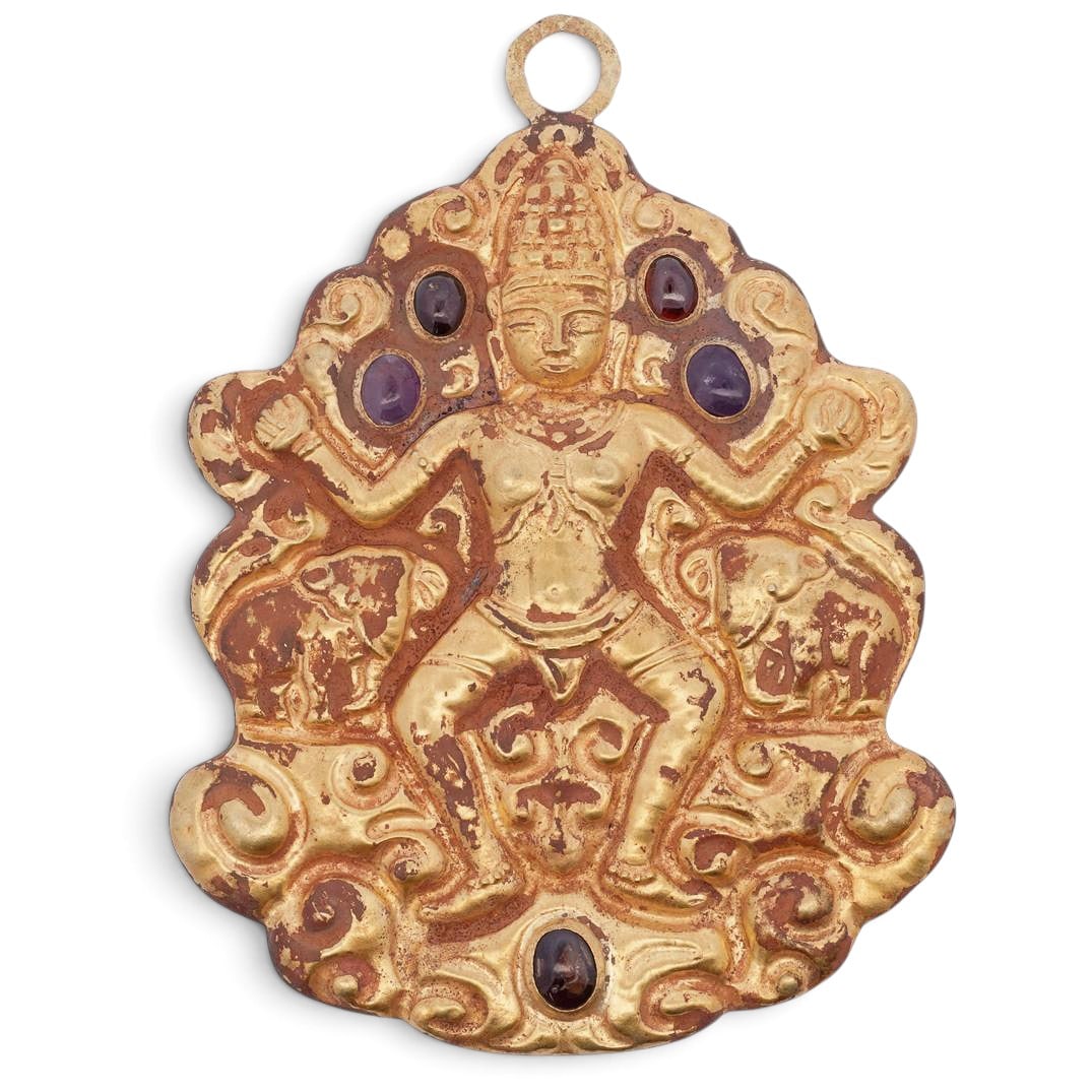 Vietnamese 10th to 12th Century Ancient Cham Kingdom Repousse Gold Pendant with Indra & Elephants: Vietnamese 10th to 12th Century Ancient Cham Kingdom Repousse Gold Pendant with Indra & Elephants 10th to 12th Century, Vietnamese This rare repousse gold pedant shows Vedic Indra (The God of Rain Thu